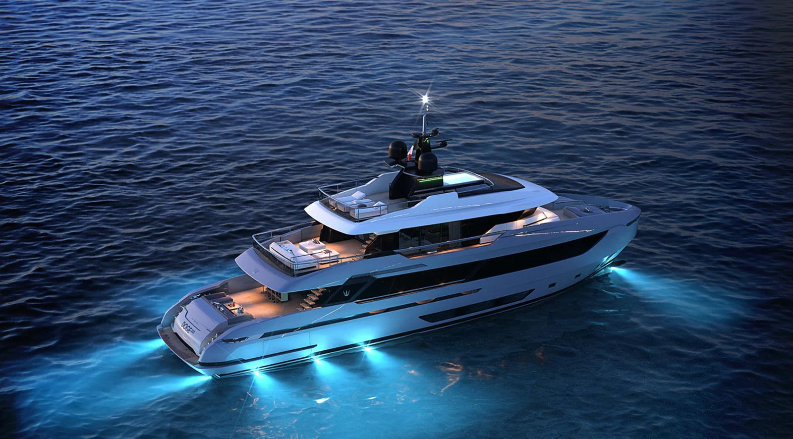 A sleek and modern yacht illuminated by underwater lights, cruising on calm waters at dusk. aboard DOGE 350 Yacht for Sale