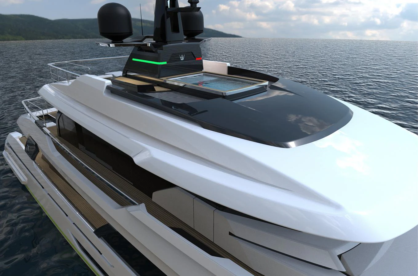 A sleek, modern yacht cruising on calm waters with a stylish upper deck. aboard DOGE 350 Yacht for Sale