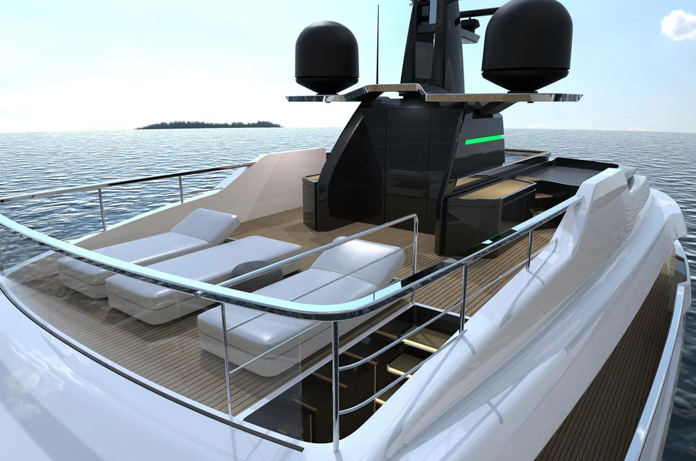 The sundeck of this yacht features luxurious sun loungers and a sleek, modern design. aboard DOGE 350 Yacht for Sale