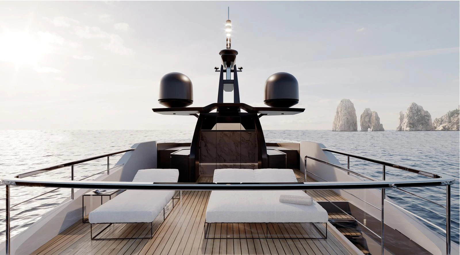 The yacht's foredeck features luxurious sun loungers with a stunning ocean backdrop. aboard DOGE 350 Yacht for Sale