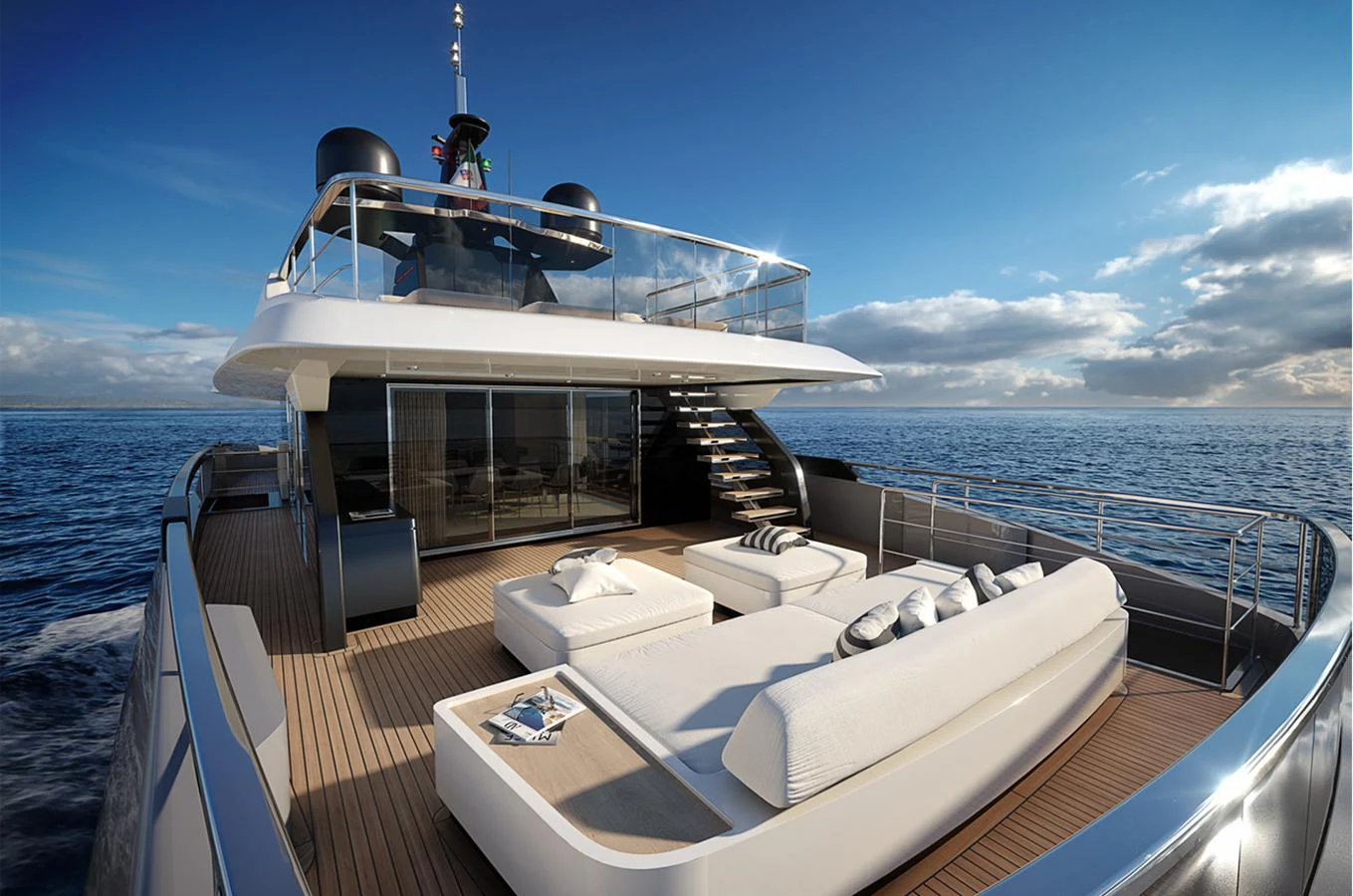 The yacht's aft deck offers luxurious lounging areas with stunning ocean views. aboard DOGE 350 Yacht for Sale