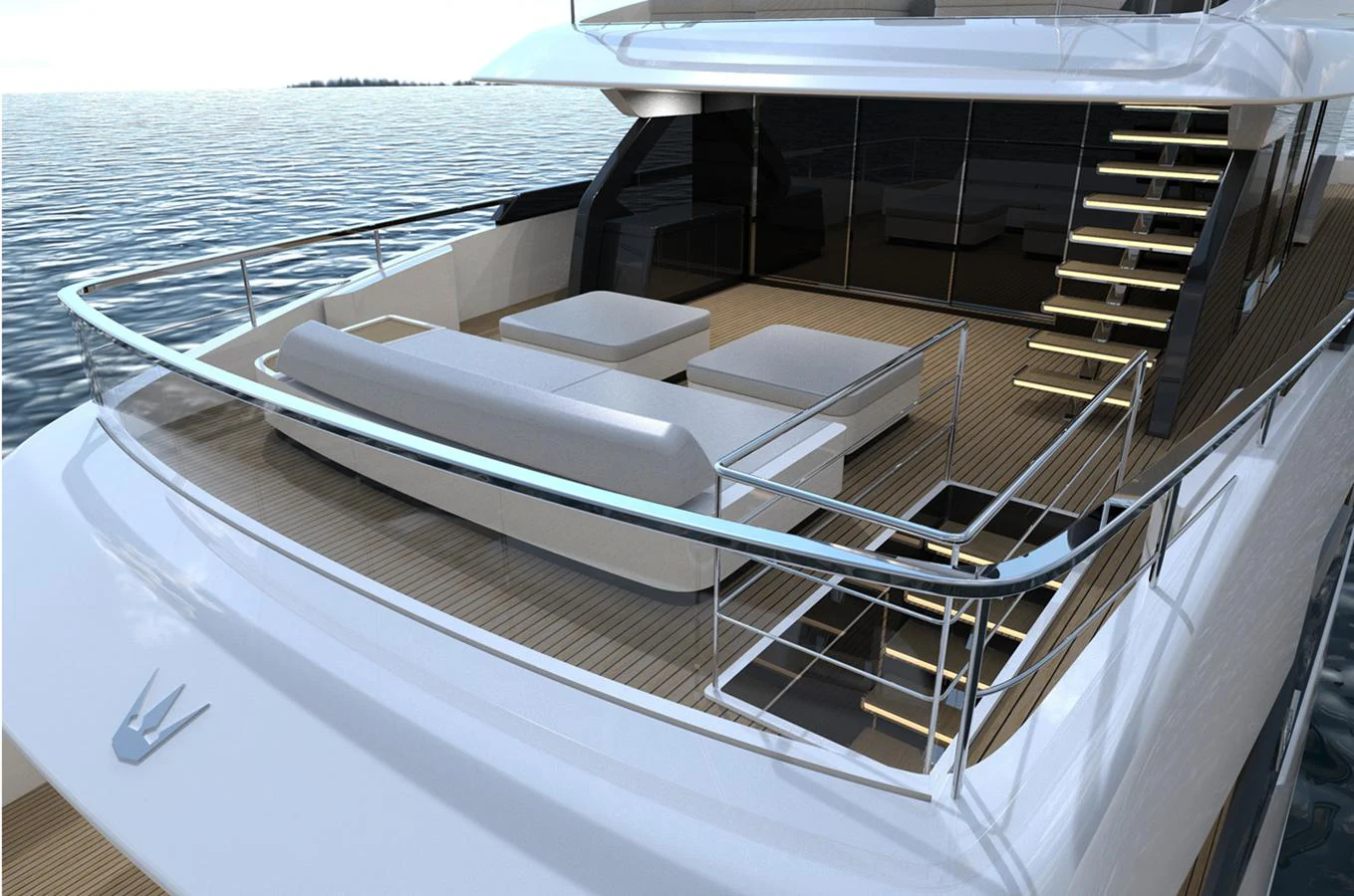 The yacht's aft deck features a luxurious seating area with modern furnishings and sleek design elements. aboard DOGE 350 Yacht for Sale