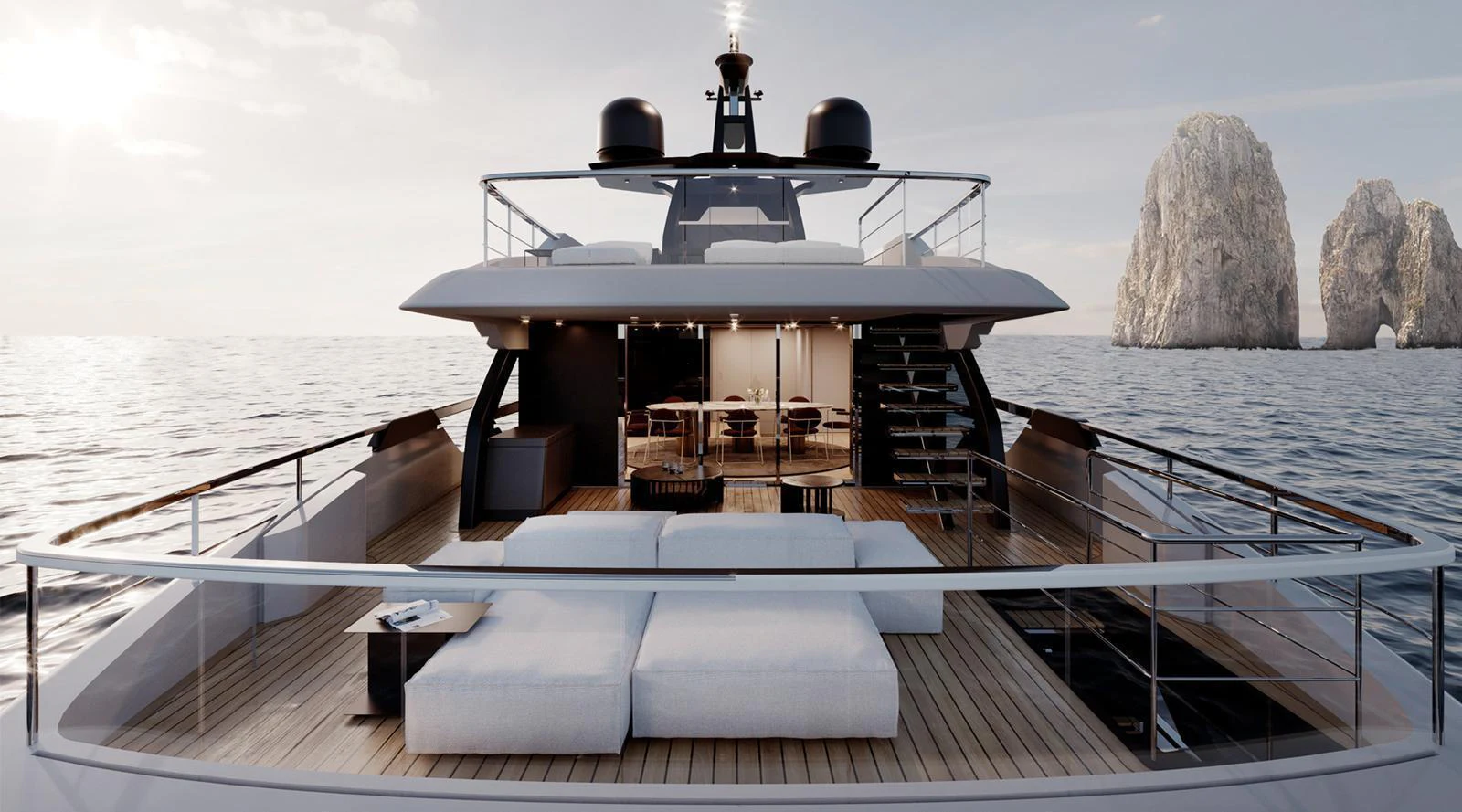 The yacht's aft deck features luxurious seating and dining areas with a stunning ocean backdrop. aboard DOGE 350 Yacht for Sale