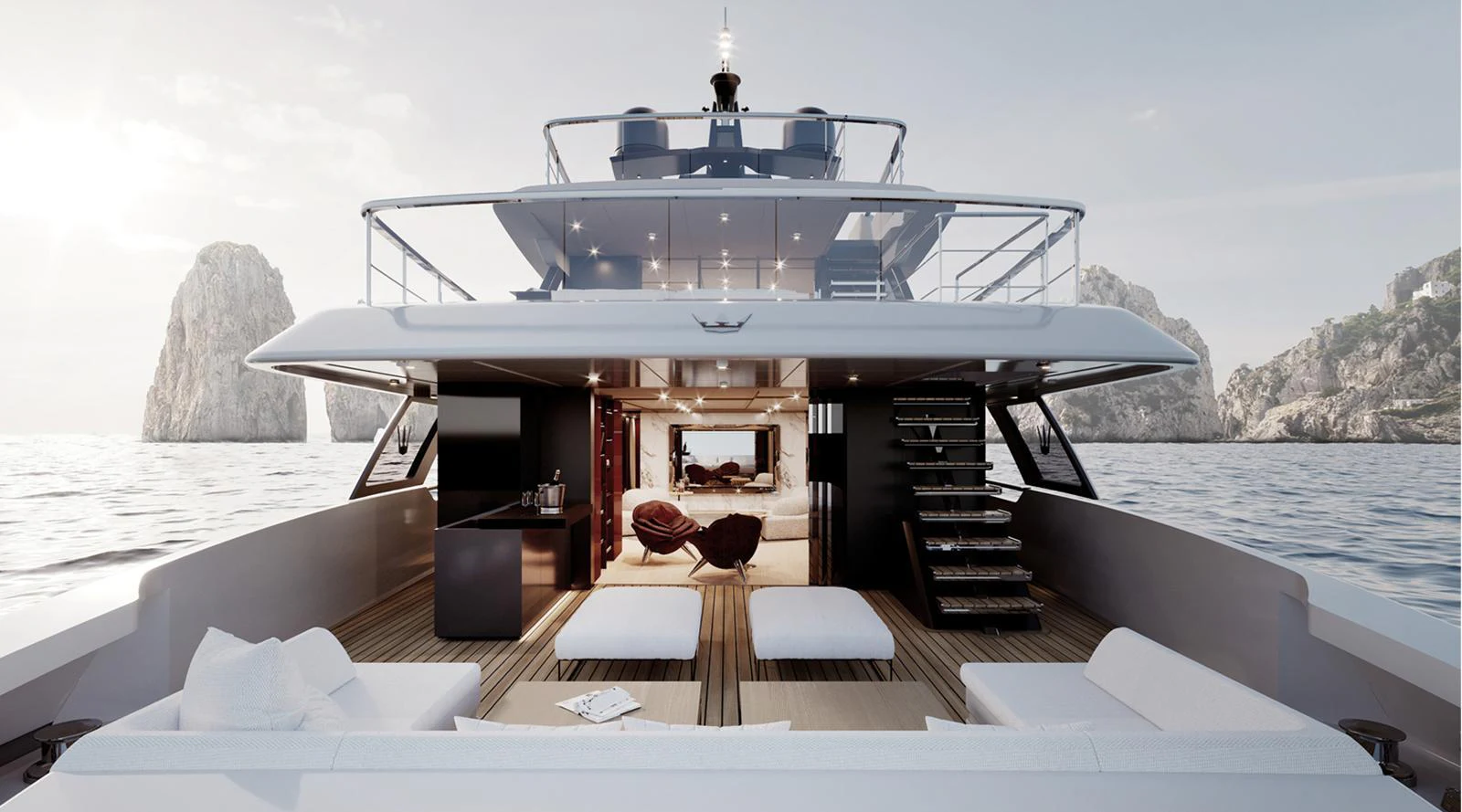 The aft deck offers a luxurious outdoor living space with comfortable seating and stunning views of the surrounding seascape. aboard DOGE 350 Yacht for Sale
