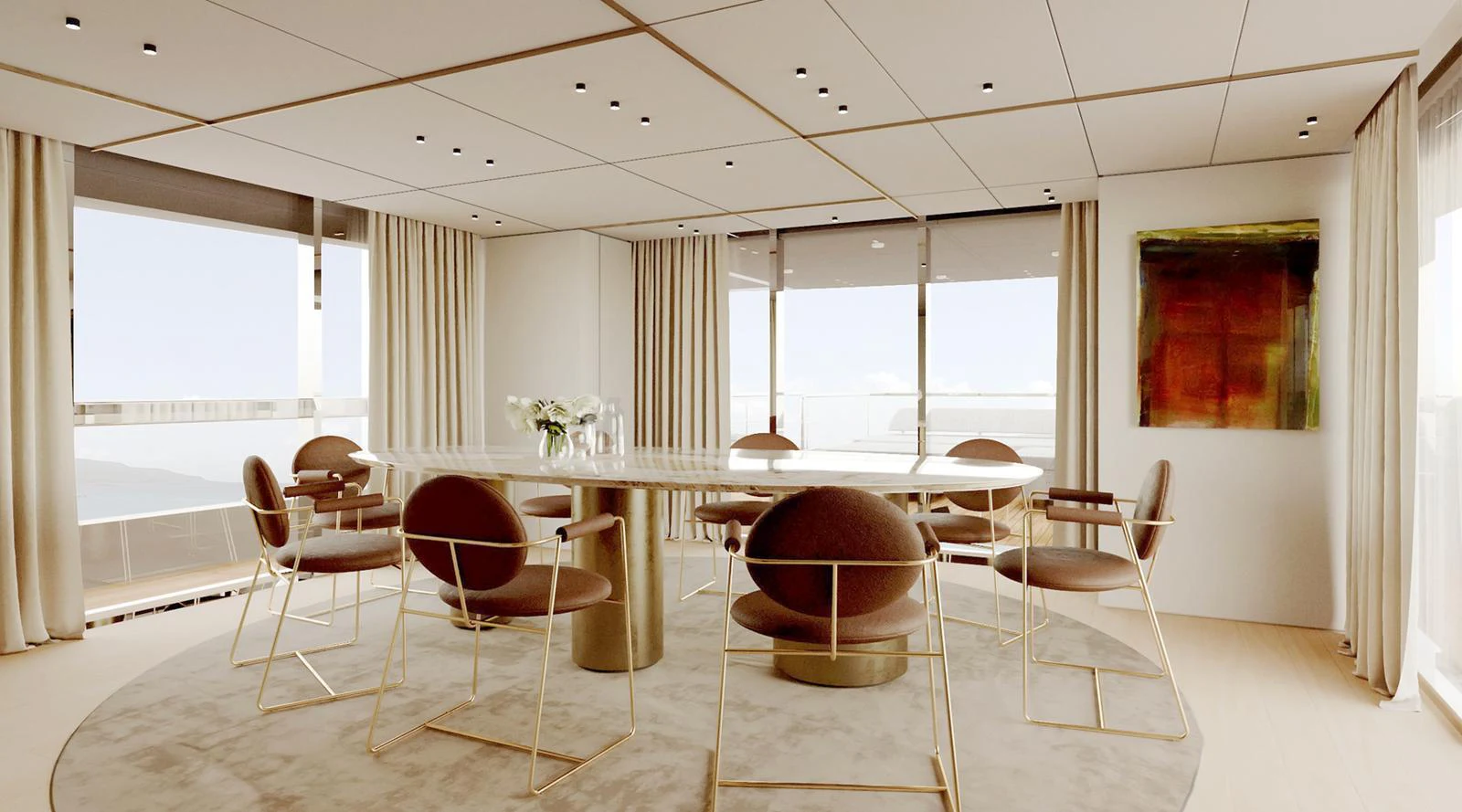 The yacht's dining area features a modern and elegant design with large windows offering stunning views. aboard DOGE 350 Yacht for Sale