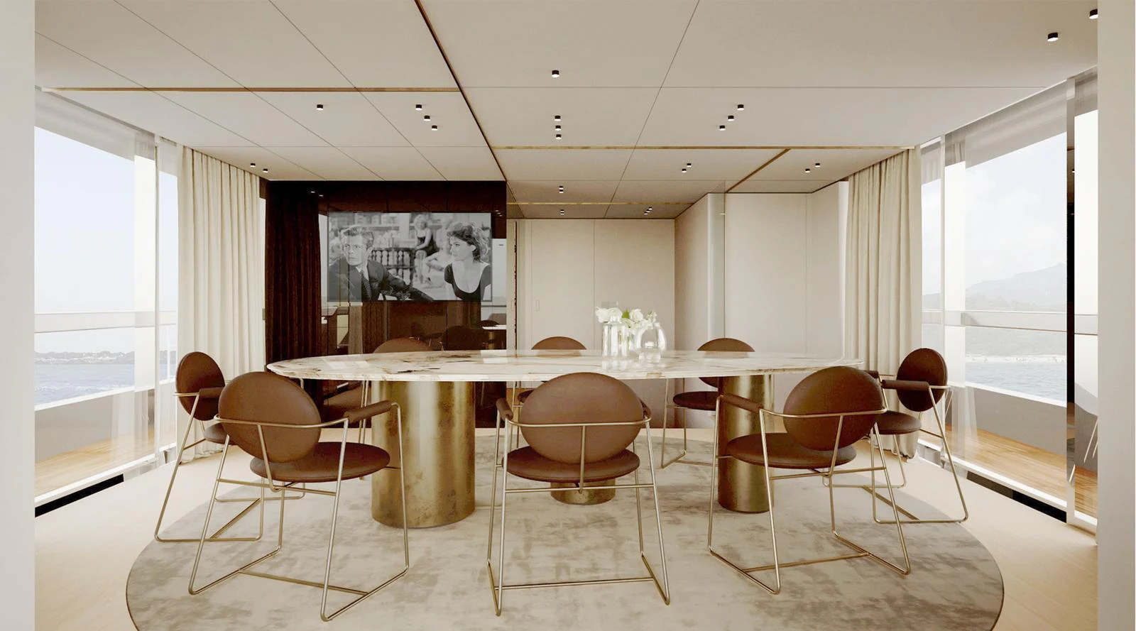 The yacht's dining area features a modern, elegant design with a large oval table and stylish chairs. aboard DOGE 350 Yacht for Sale