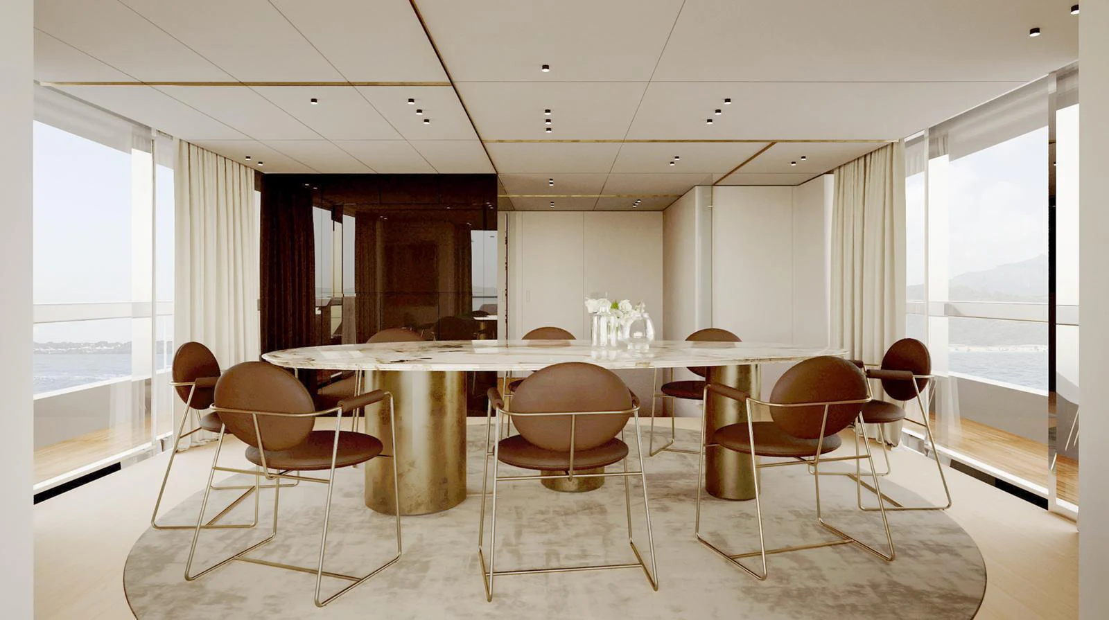 The yacht's dining area features a modern, elegant design with a large table and stylish chairs. aboard DOGE 350 Yacht for Sale