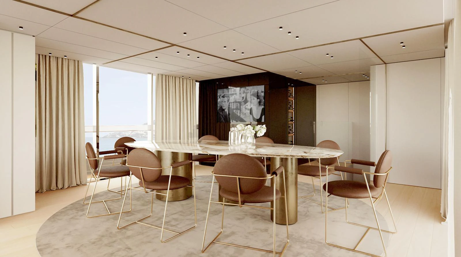 The yacht's dining area features a modern table surrounded by stylish chairs, set in an elegant and spacious room. aboard DOGE 350 Yacht for Sale