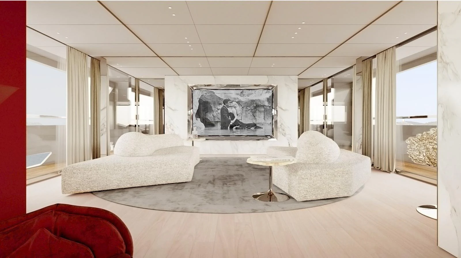 The salon features elegant furnishings with a contemporary design and luxurious finishes. aboard DOGE 350 Yacht for Sale