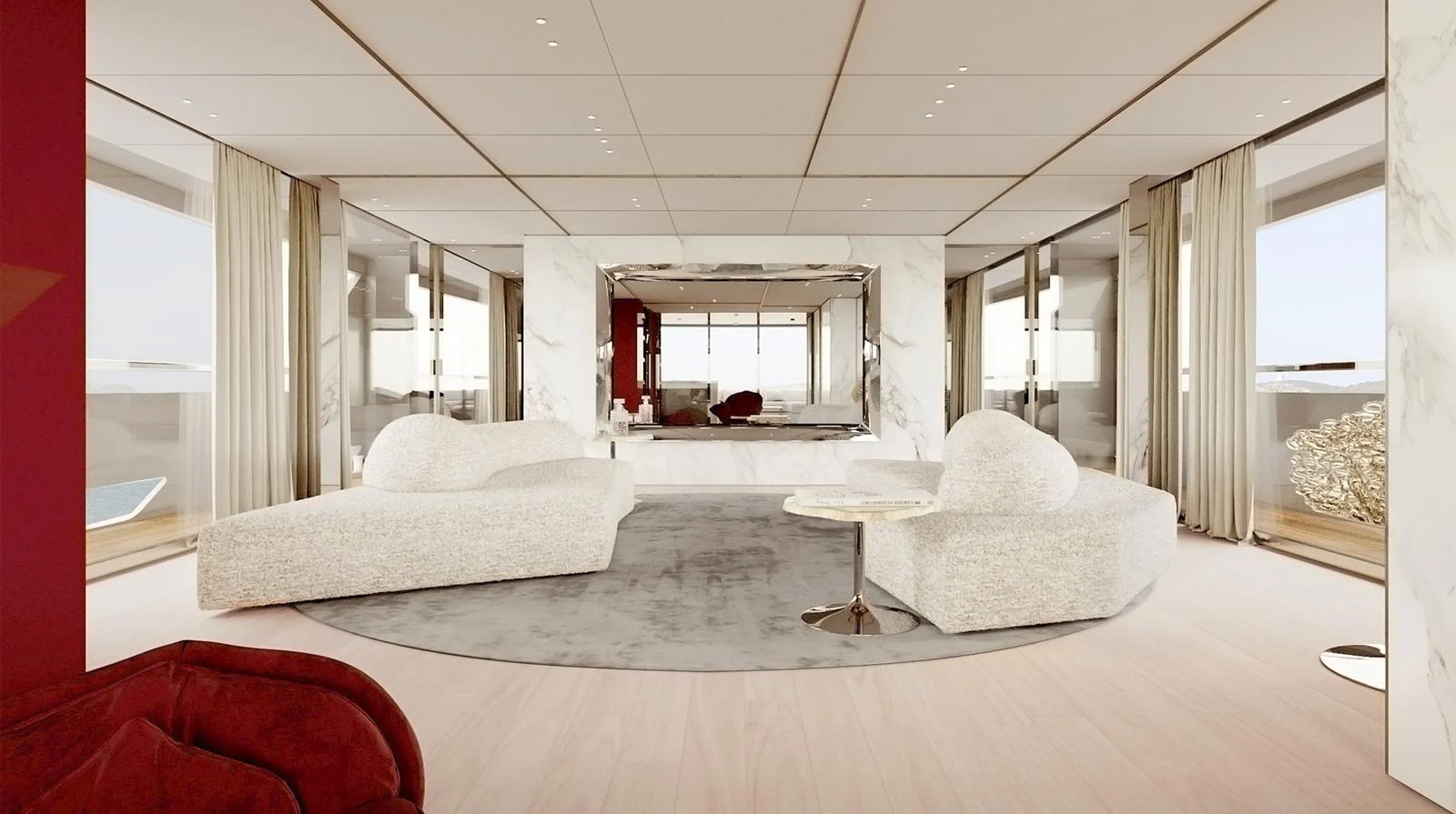 The yacht's salon features luxurious seating and elegant decor with a modern touch. aboard DOGE 350 Yacht for Sale