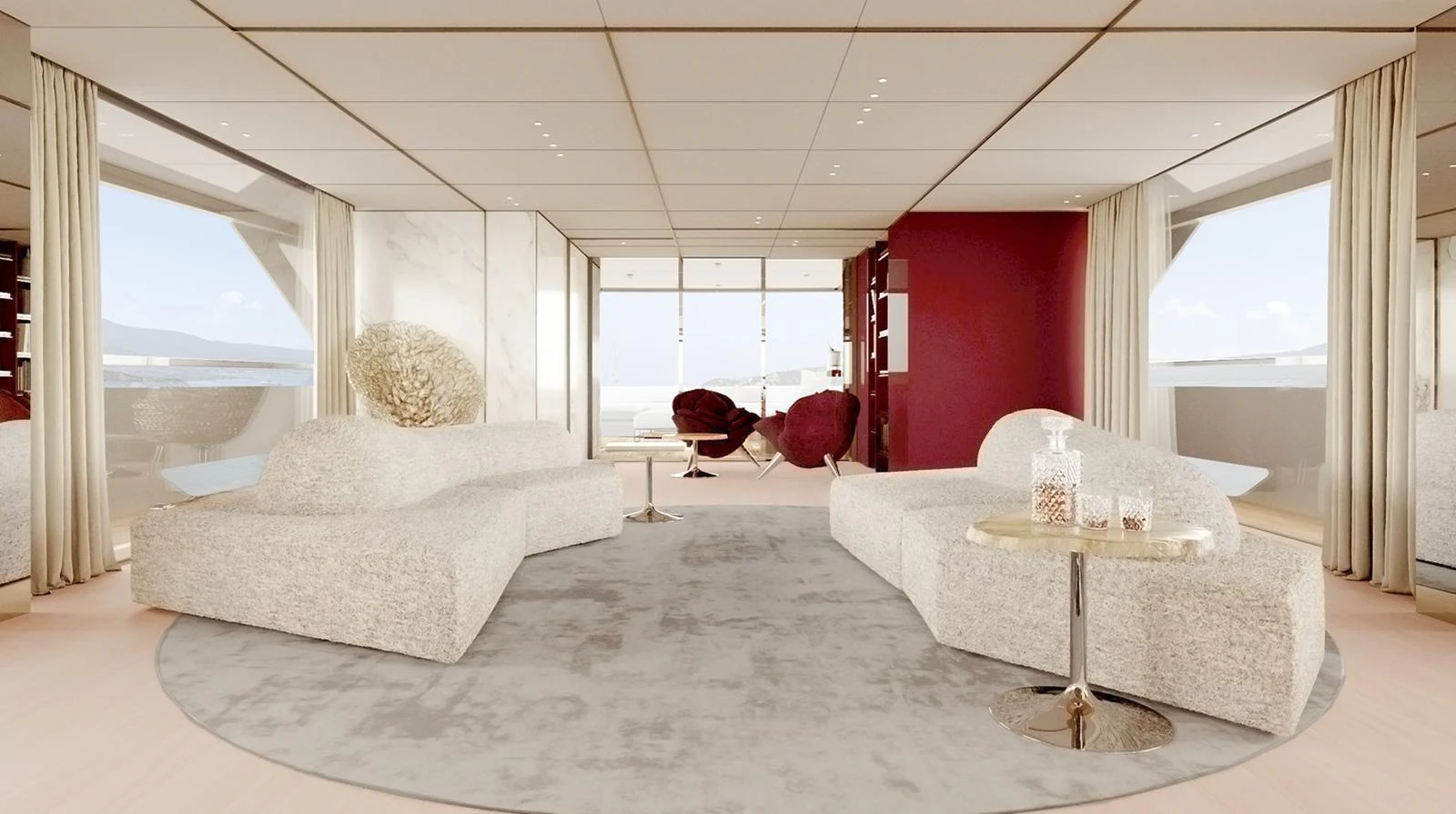 The salon features modern, plush seating with a serene ambiance and panoramic views. aboard DOGE 350 Yacht for Sale