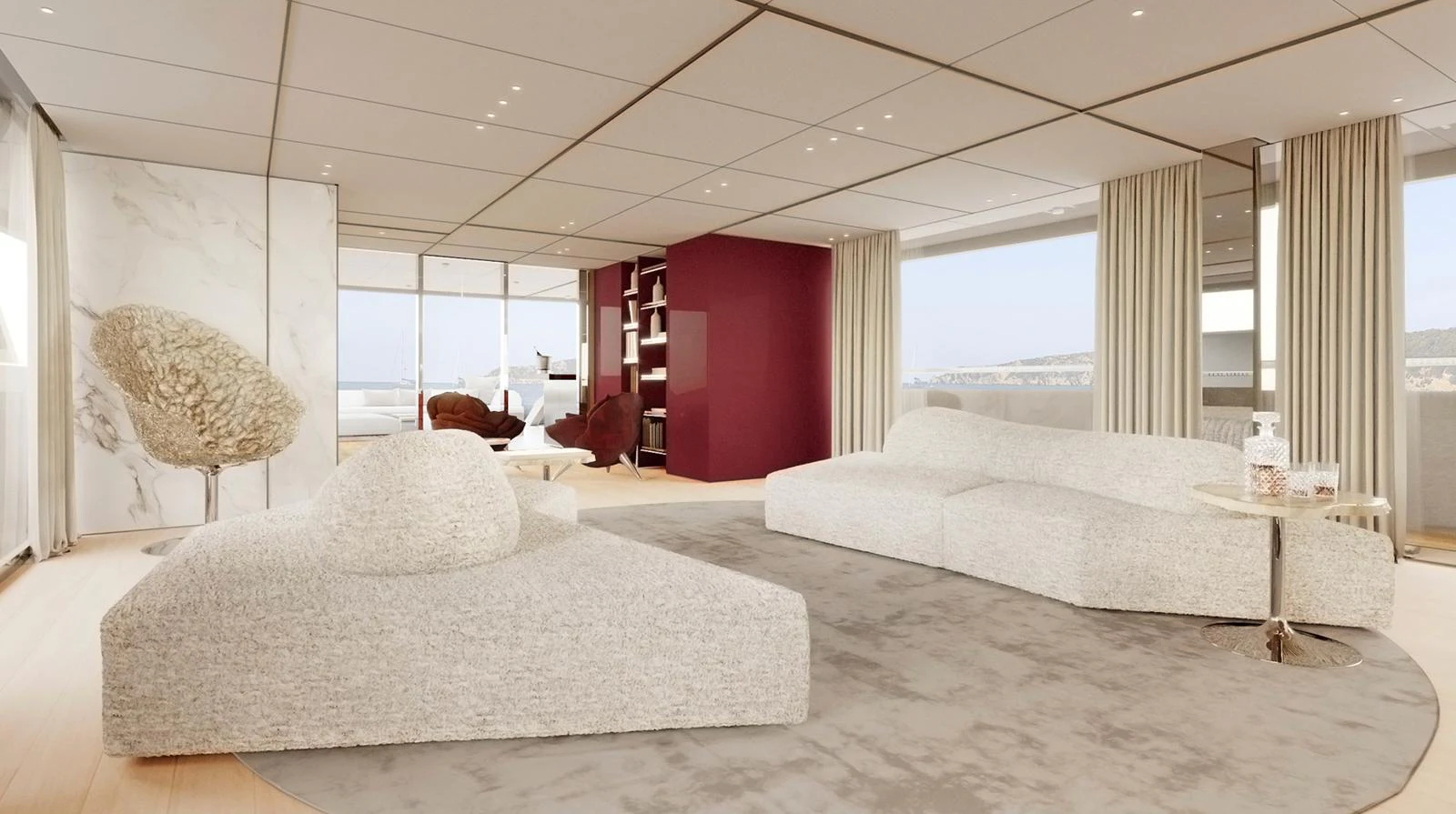 The yacht's salon features modern furnishings with ample natural light and elegant decor. aboard DOGE 350 Yacht for Sale