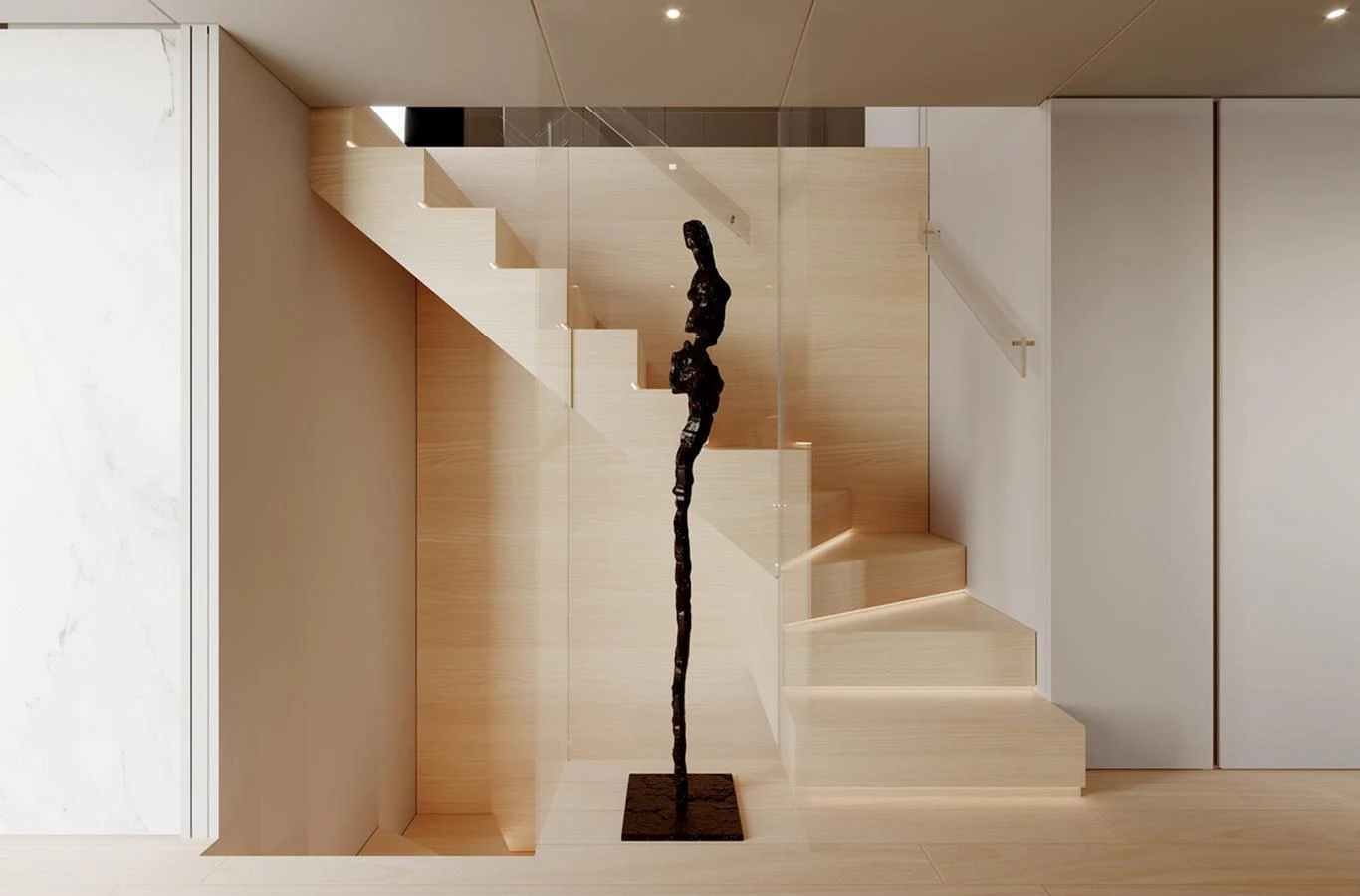 A modern staircase with a striking sculpture enhances the yacht's sophisticated interior design. aboard DOGE 350 Yacht for Sale