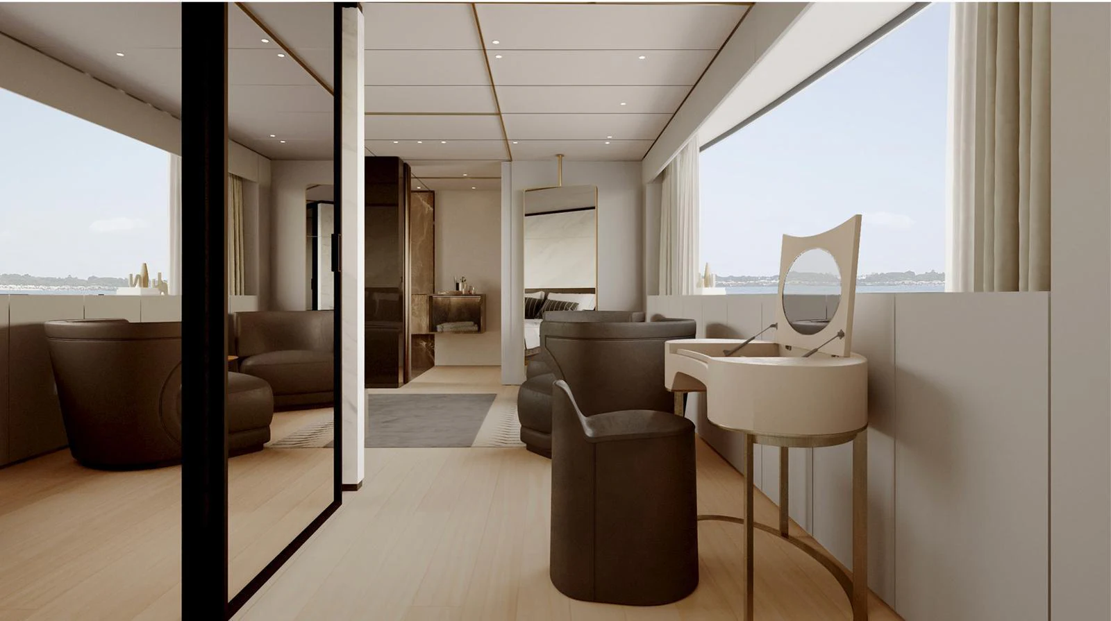 The yacht's interior features a spacious and elegantly designed living area with modern furnishings and large windows offering stunning sea views. aboard DOGE 350 Yacht for Sale