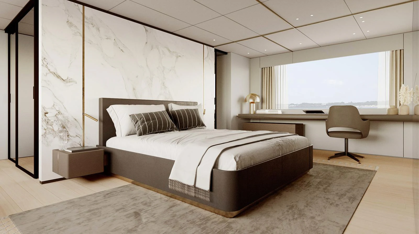 The master stateroom features a luxurious bed, modern furnishings, and a large window offering stunning views. aboard DOGE 350 Yacht for Sale