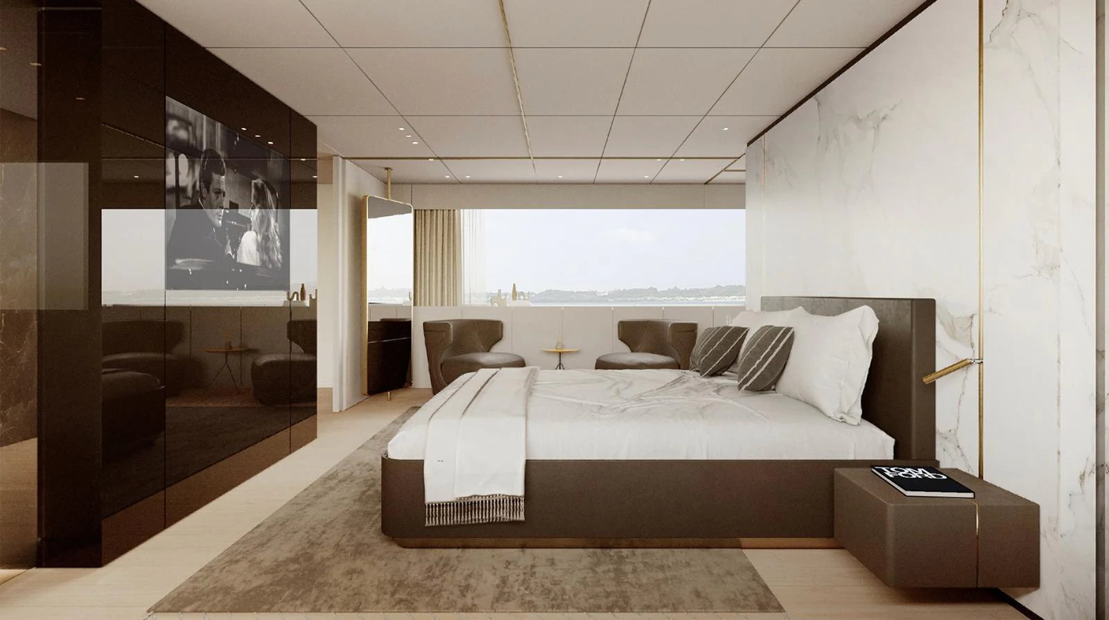 The master stateroom offers a luxurious and spacious retreat with modern decor and ample natural light. aboard DOGE 350 Yacht for Sale