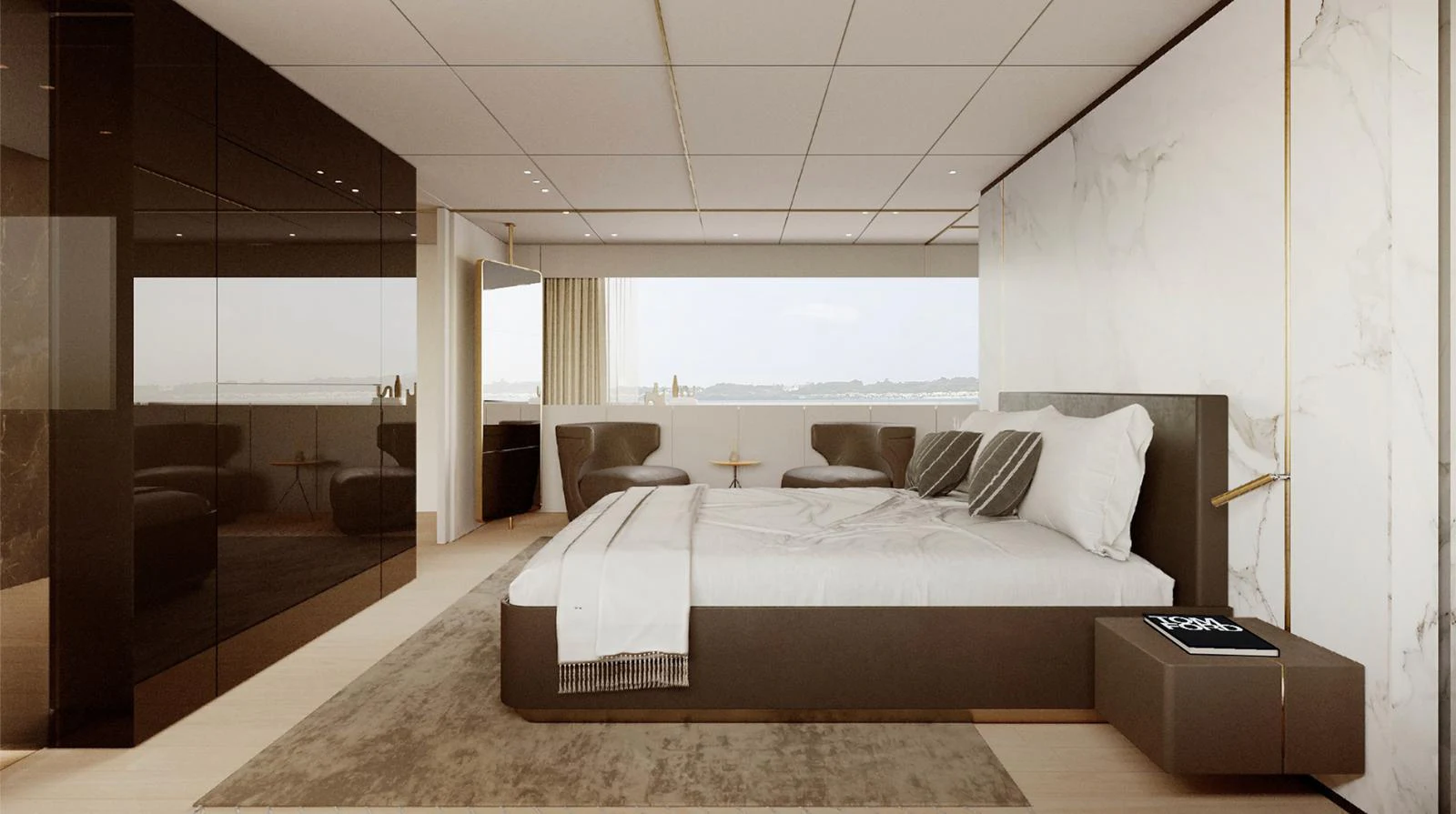 The master stateroom features a luxurious bed, modern furnishings, and a panoramic window with a serene view. aboard DOGE 350 Yacht for Sale