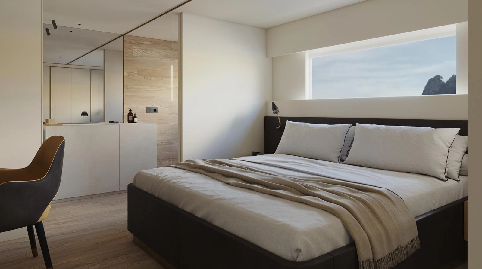 A luxurious stateroom featuring a large bed with plush bedding and a scenic window view. aboard DOGE 350 Yacht for Sale