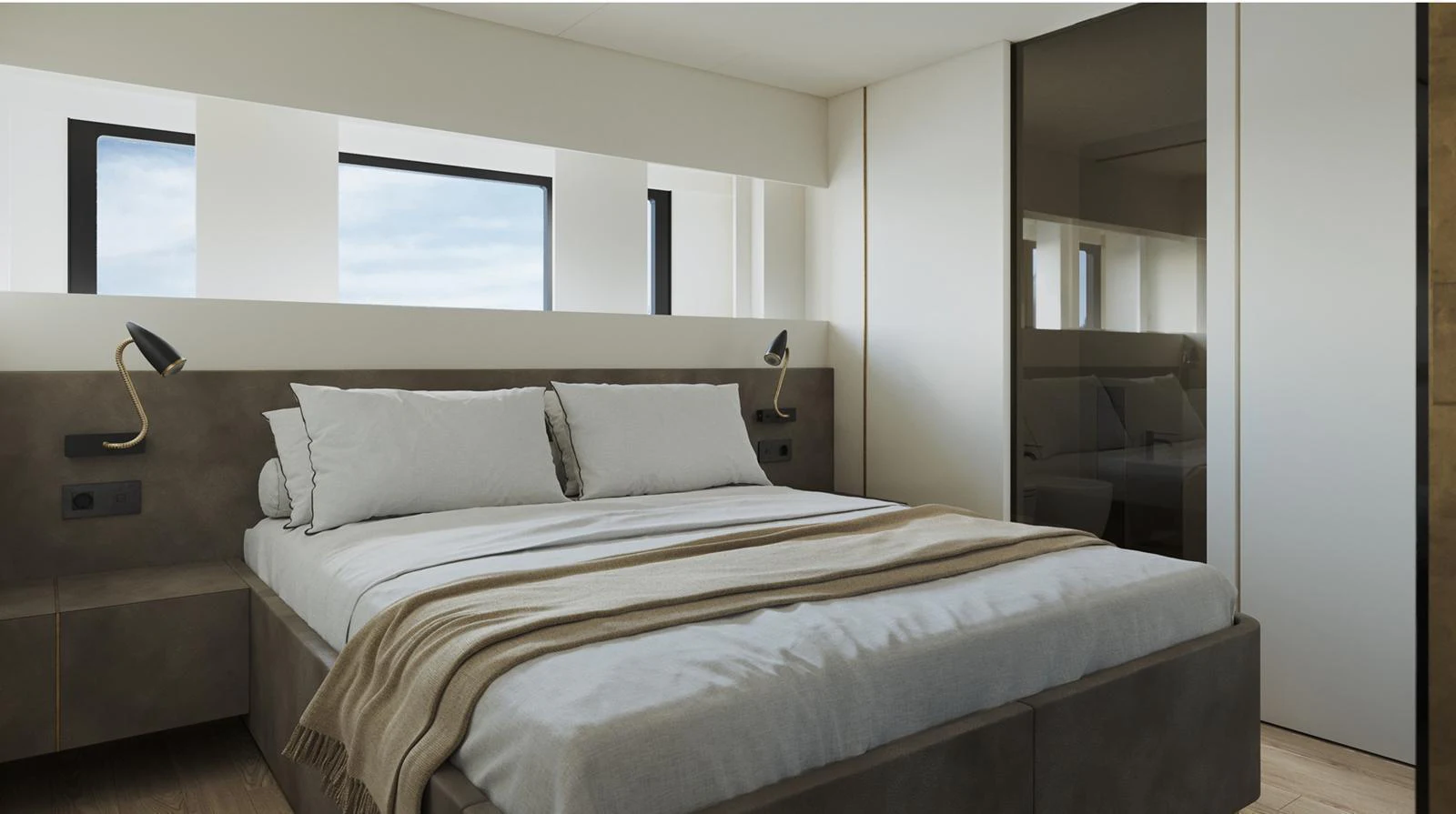 A luxurious stateroom featuring a large bed with elegant bedding and modern lighting. aboard DOGE 350 Yacht for Sale
