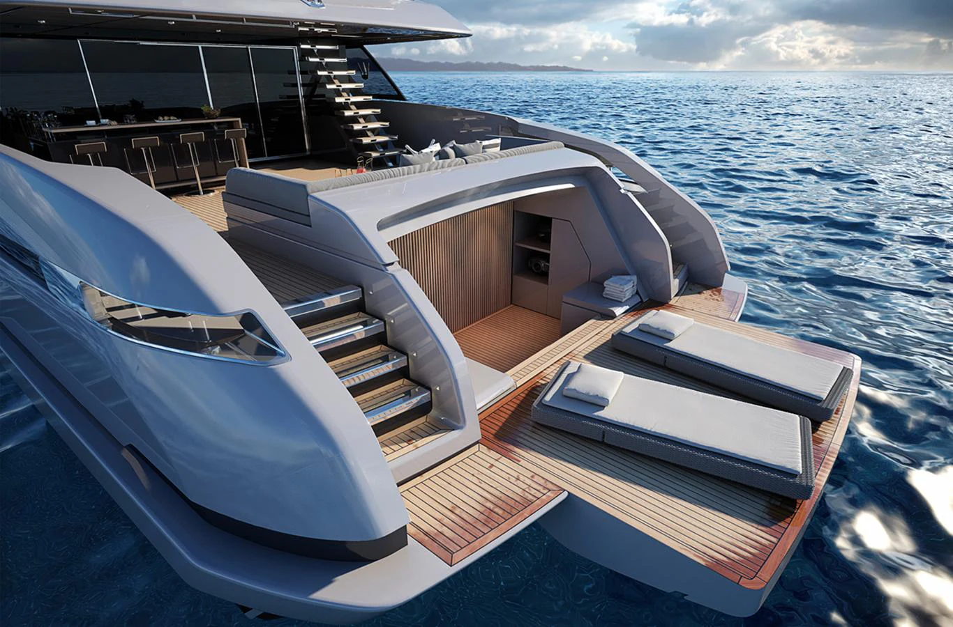 The yacht's aft deck features luxurious sun loungers and elegant steps leading to the water. aboard DOGE 350 Yacht for Sale