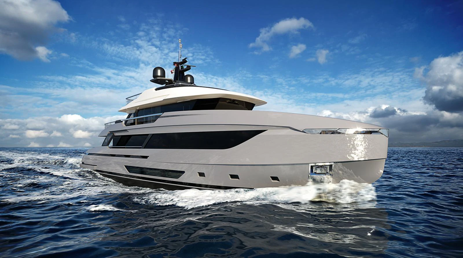 A sleek, modern yacht cruises through the open water under a bright blue sky. aboard DOGE 350 Yacht for Sale