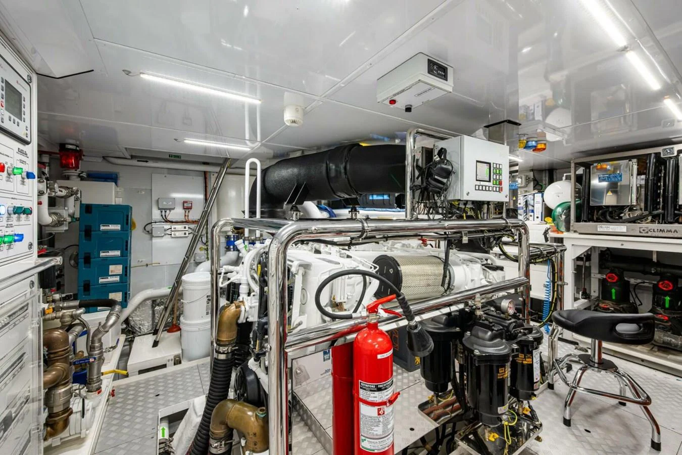 The engine room is equipped with advanced machinery and safety equipment, showcasing the yacht's technical sophistication. aboard KING'S LAIR Yacht for Sale