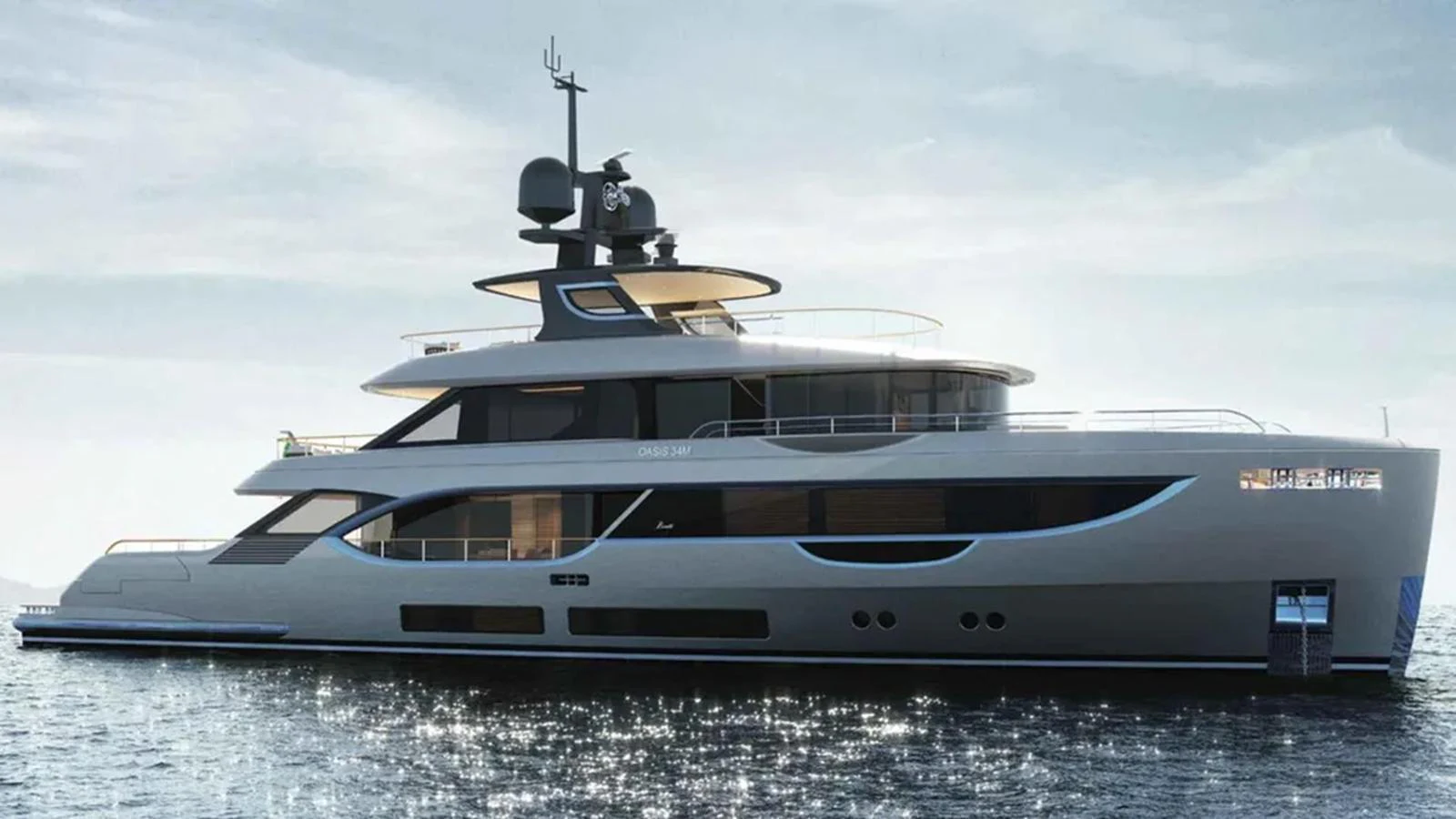 A sleek and modern yacht glides gracefully on calm waters under a clear sky. aboard OASIS 34M BO212 Yacht for Sale