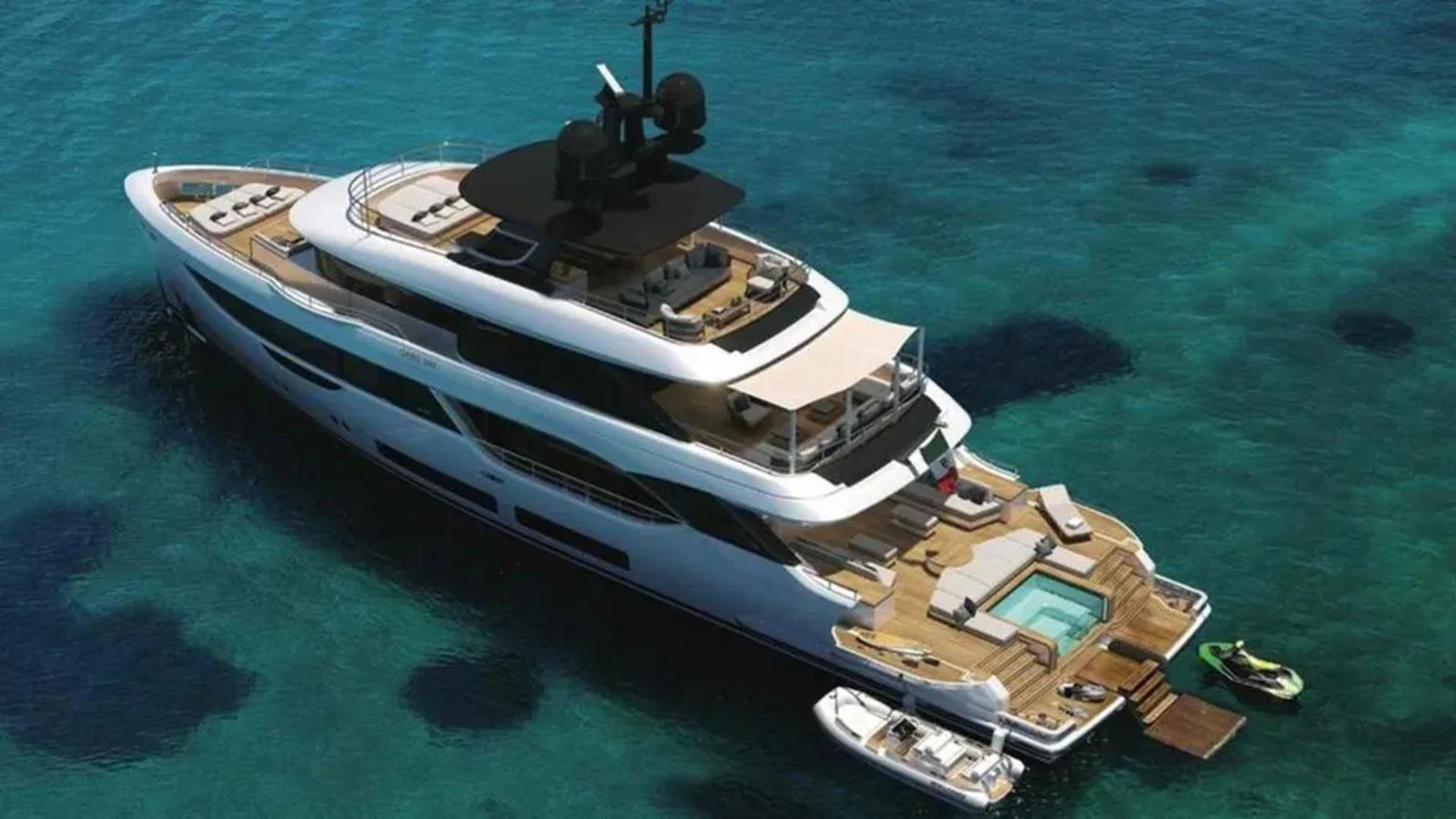 A luxurious yacht is anchored in clear blue waters, showcasing its expansive decks and inviting pool area. aboard OASIS 34M BO212 Yacht for Sale