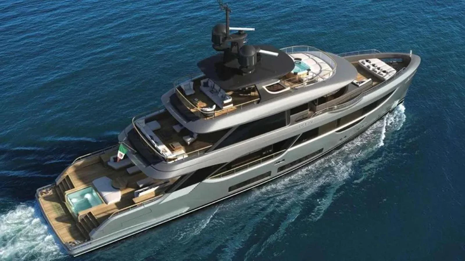 A sleek and modern yacht cruising on the open water, showcasing its luxurious multi-deck design. aboard OASIS 34M BO212 Yacht for Sale