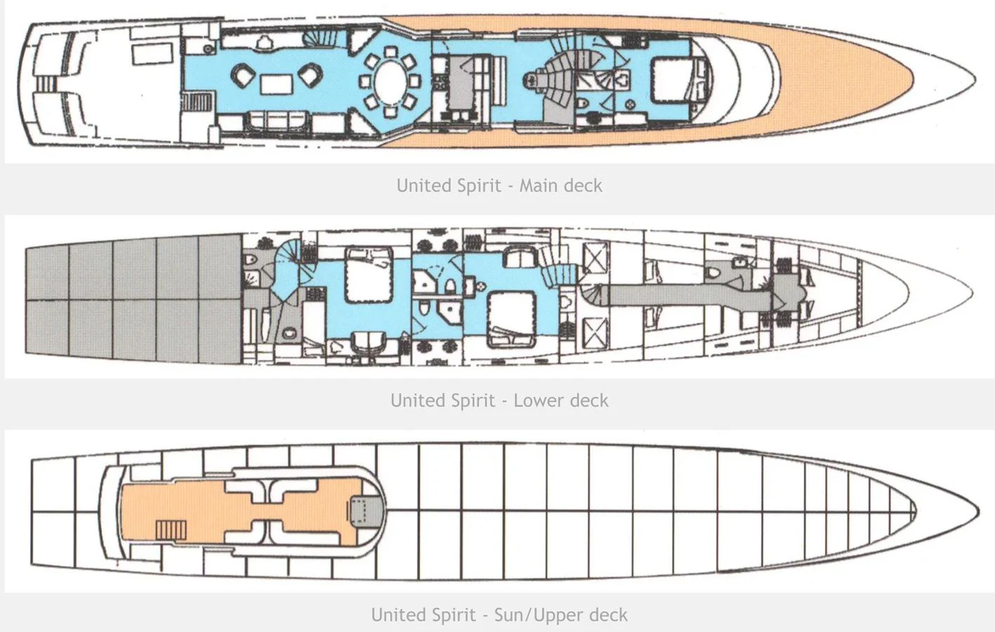 The image showcases the deck plans of a yacht, detailing the main deck, lower deck, and sun/upper deck layouts. aboard UNITED SPIRIT Yacht for Sale