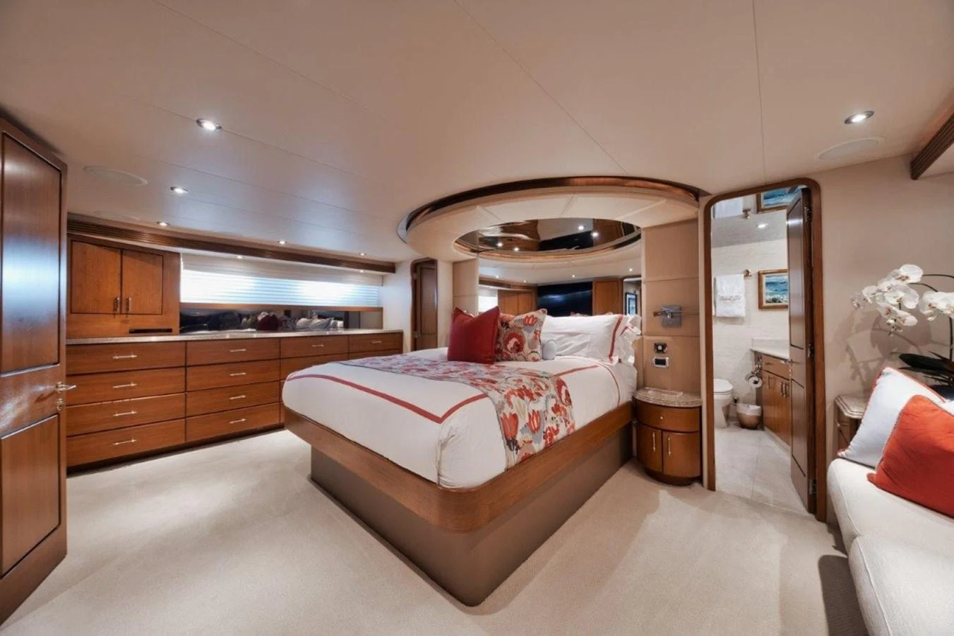 The master stateroom exudes luxury with its spacious layout and elegant decor. aboard ISLAND GIRL Yacht for Sale