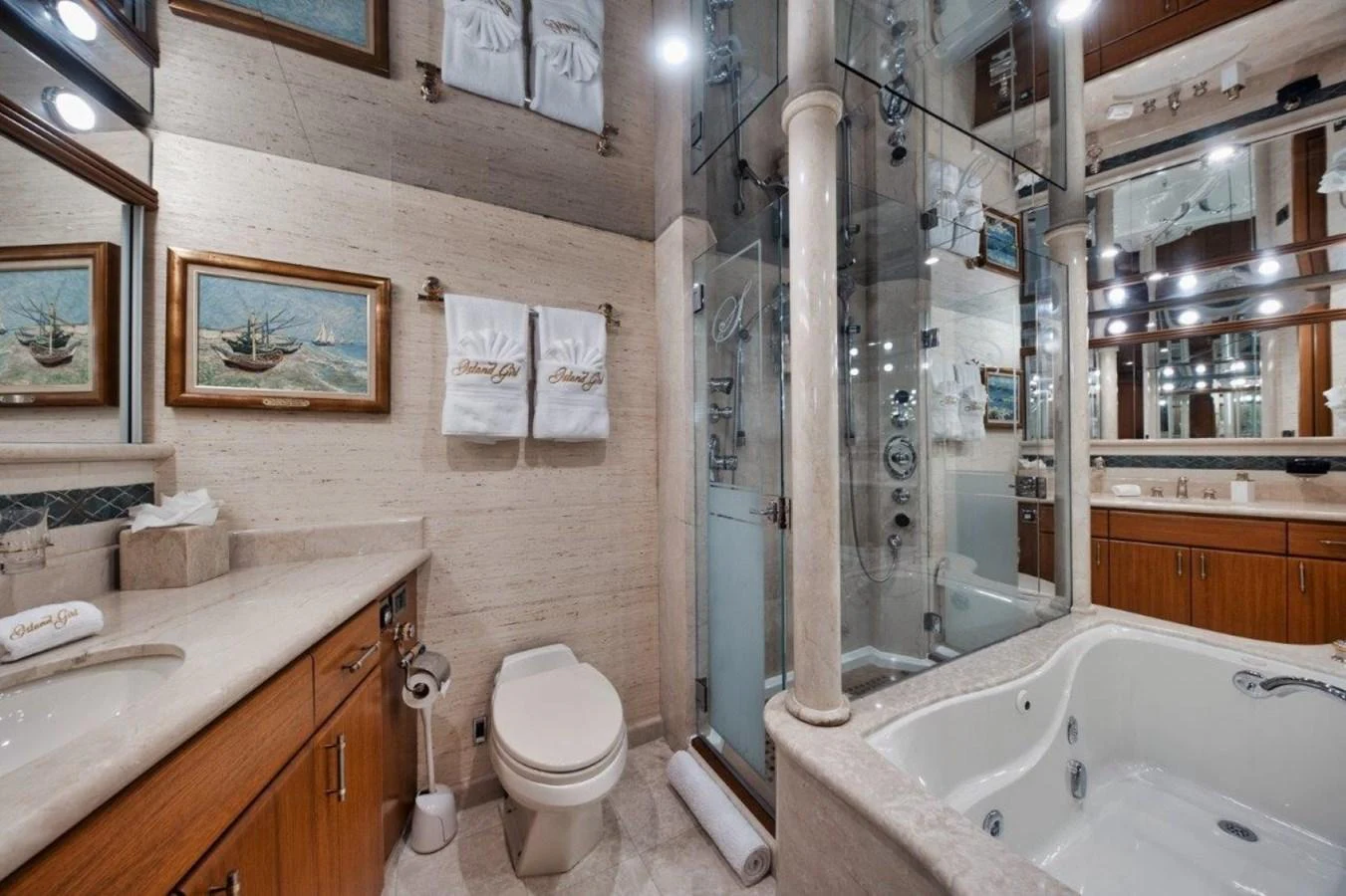The yacht's bathroom features luxurious amenities and elegant decor. aboard ISLAND GIRL Yacht for Sale