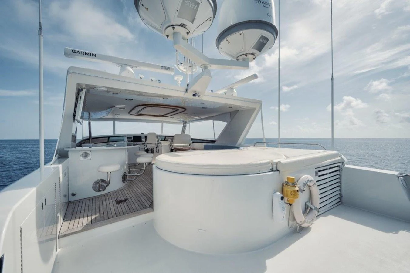 The flybridge offers a spacious and well-equipped area for navigation and relaxation with panoramic ocean views. aboard ISLAND GIRL Yacht for Sale