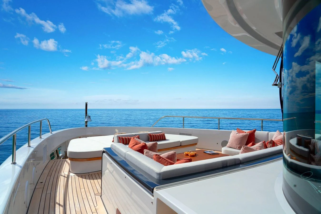 The sundeck offers luxurious lounging with panoramic ocean views. aboard A+ Yacht for Sale