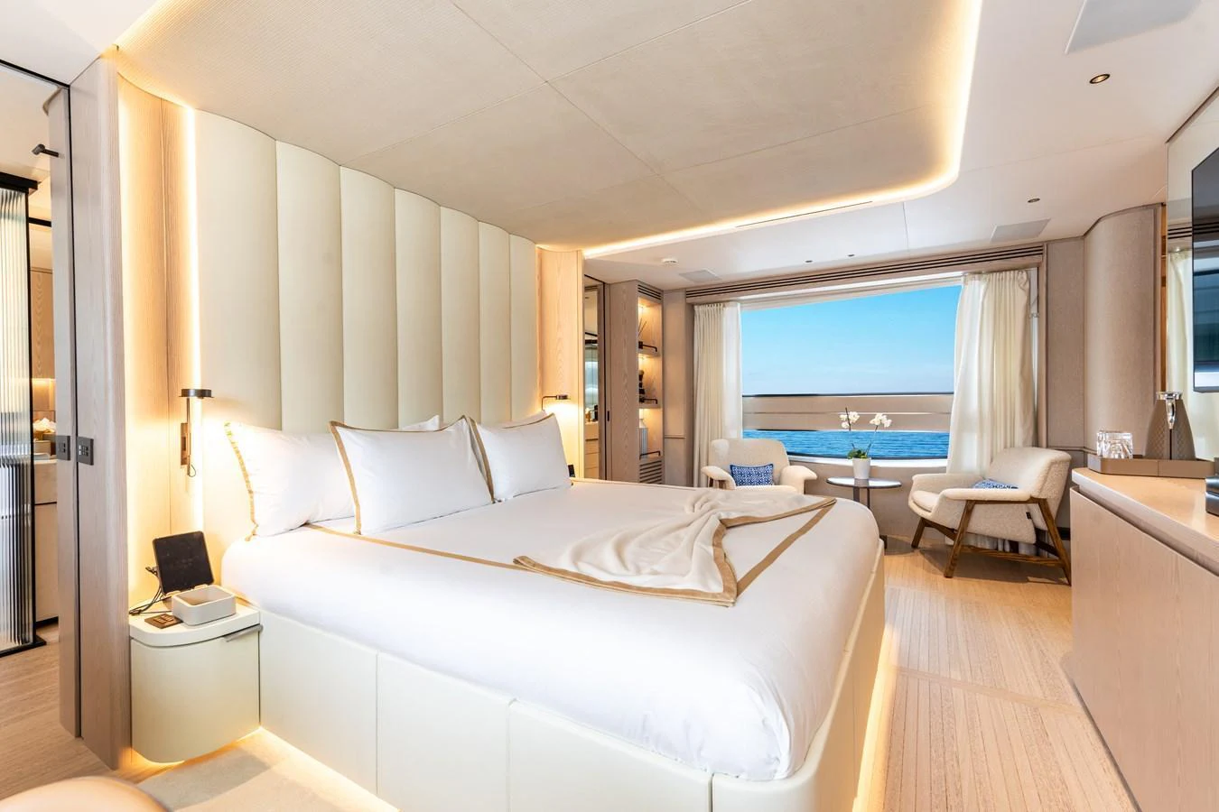 The master stateroom offers a luxurious and spacious retreat with a stunning ocean view. aboard A+ Yacht for Sale