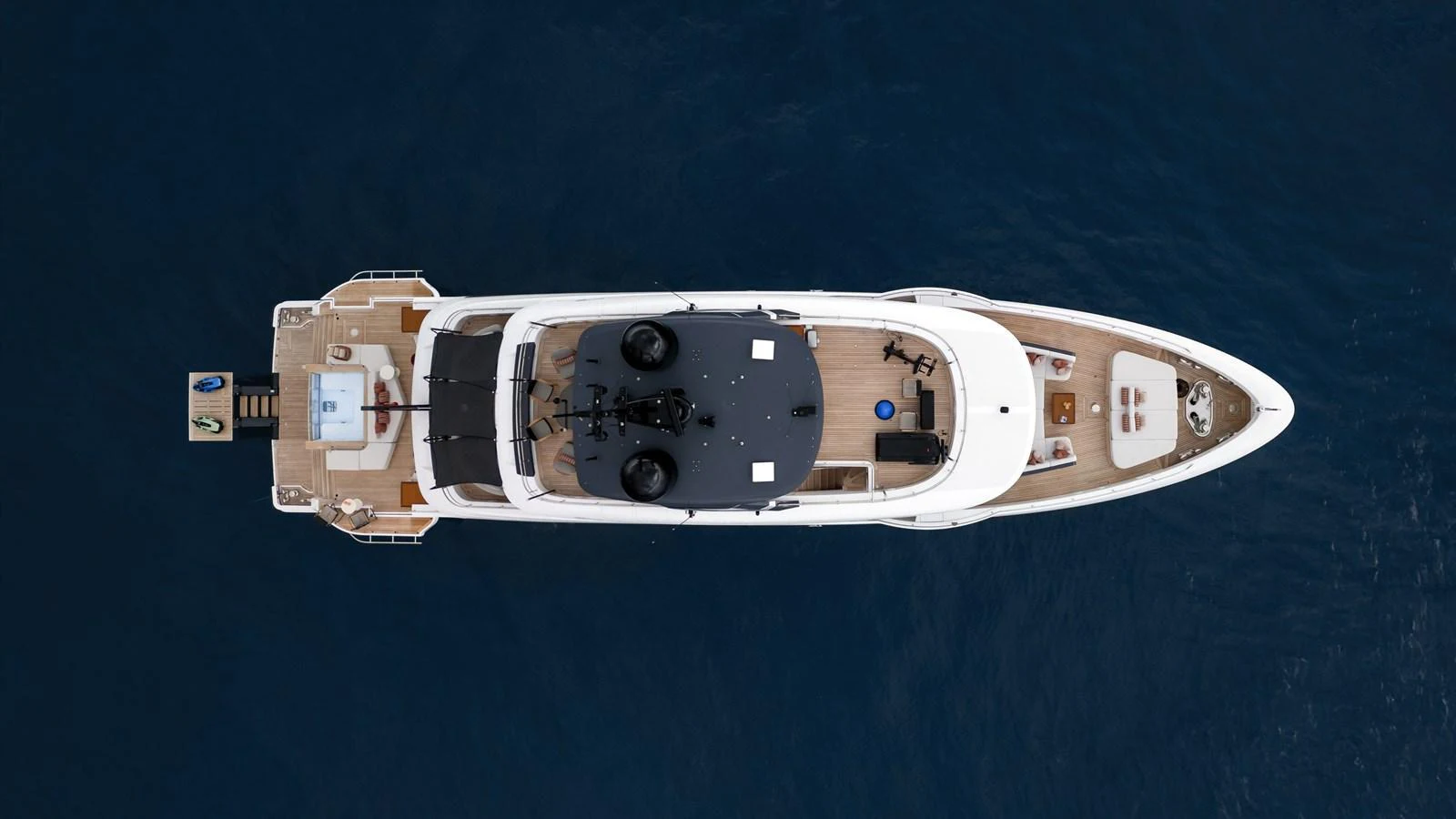 An aerial view of a luxurious yacht showcasing its sleek design and spacious deck areas. aboard A+ Yacht for Sale