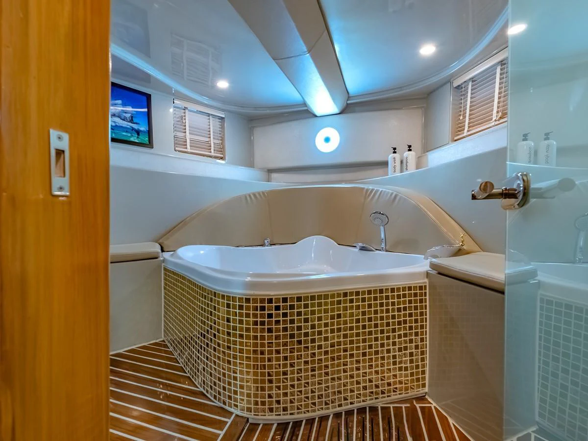 The yacht's bathroom features a luxurious bathtub with elegant tilework and modern fixtures. aboard FREE BIRD Yacht for Sale