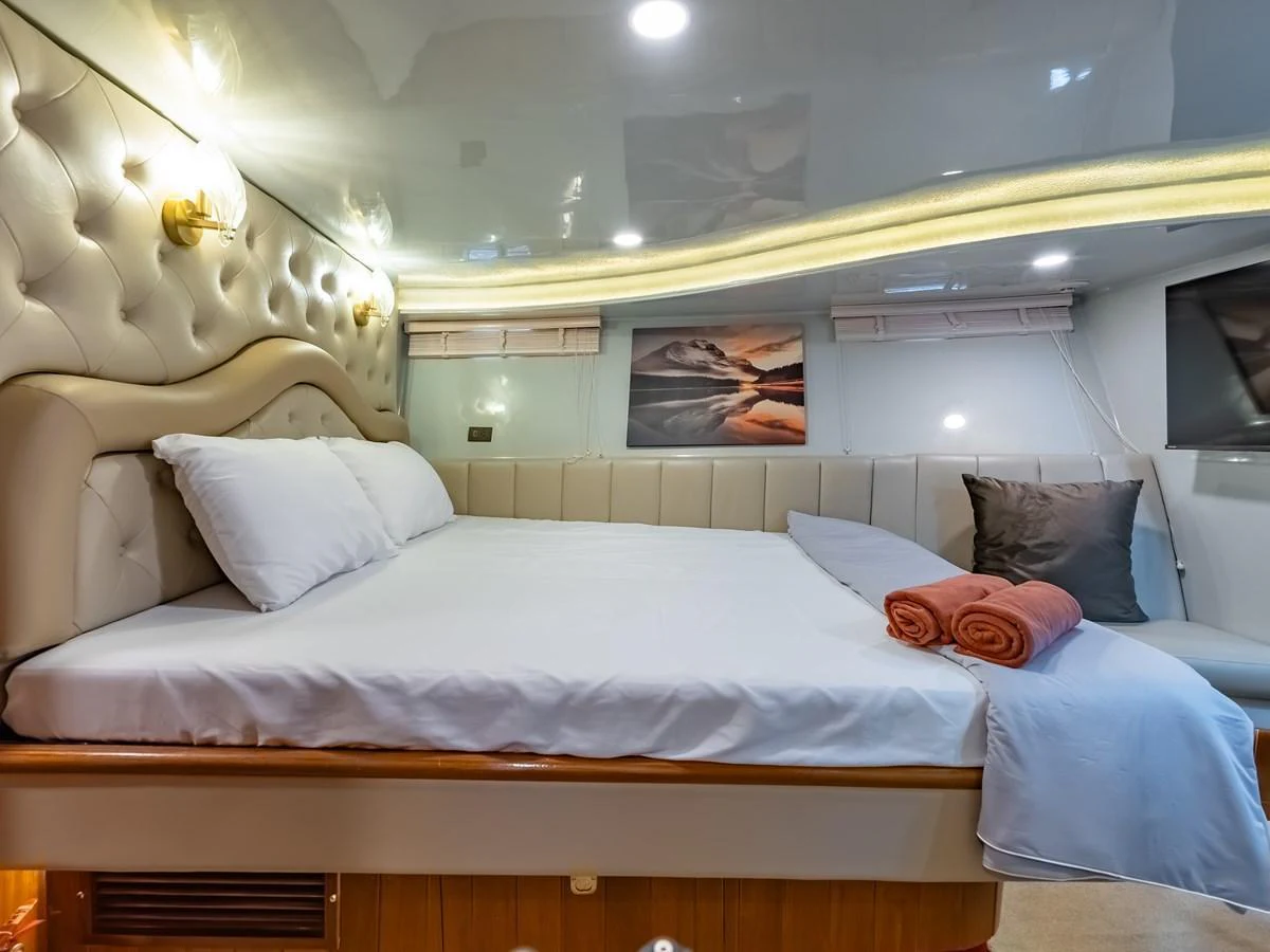 The stateroom features a plush bed with elegant lighting and modern decor. aboard FREE BIRD Yacht for Sale