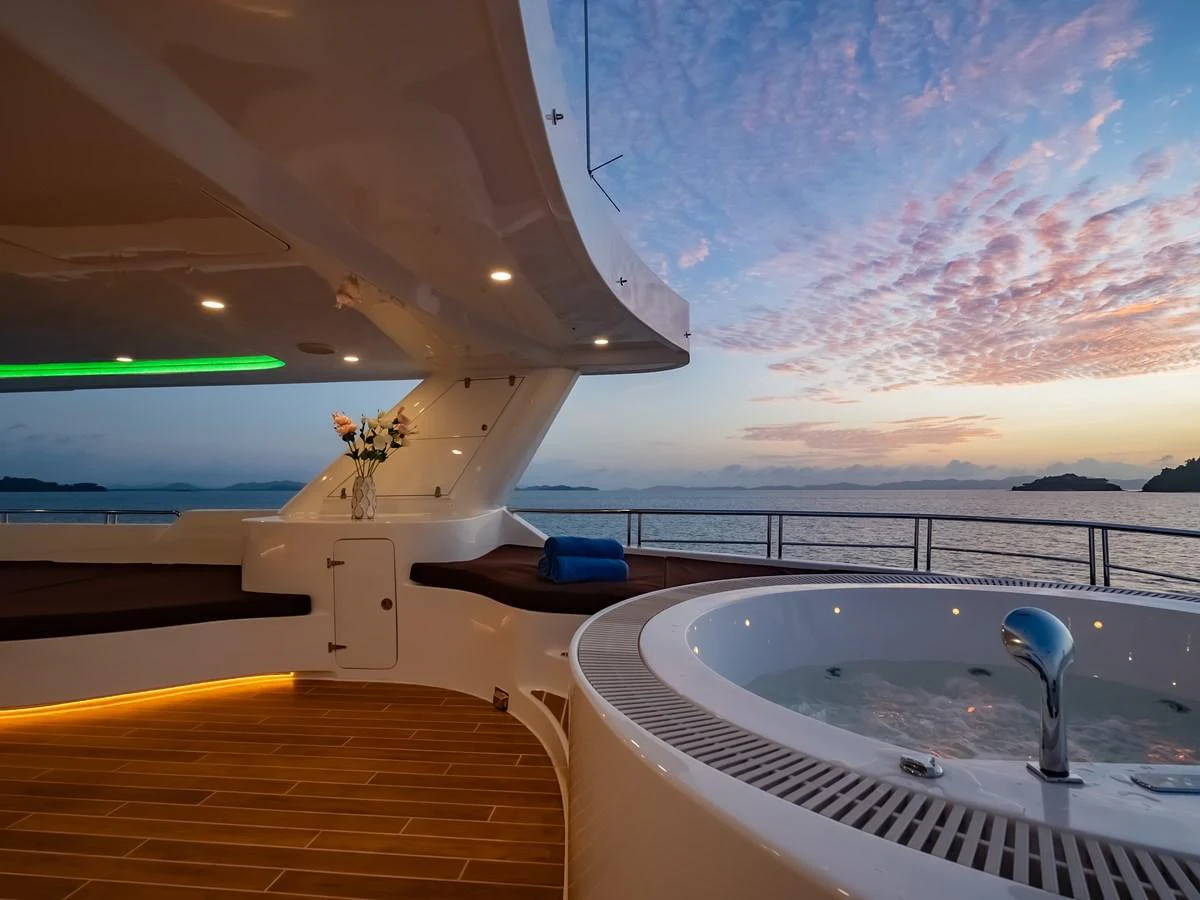 The yacht features a luxurious deck with a jacuzzi, offering stunning sunset views over the water. aboard FREE BIRD Yacht for Sale