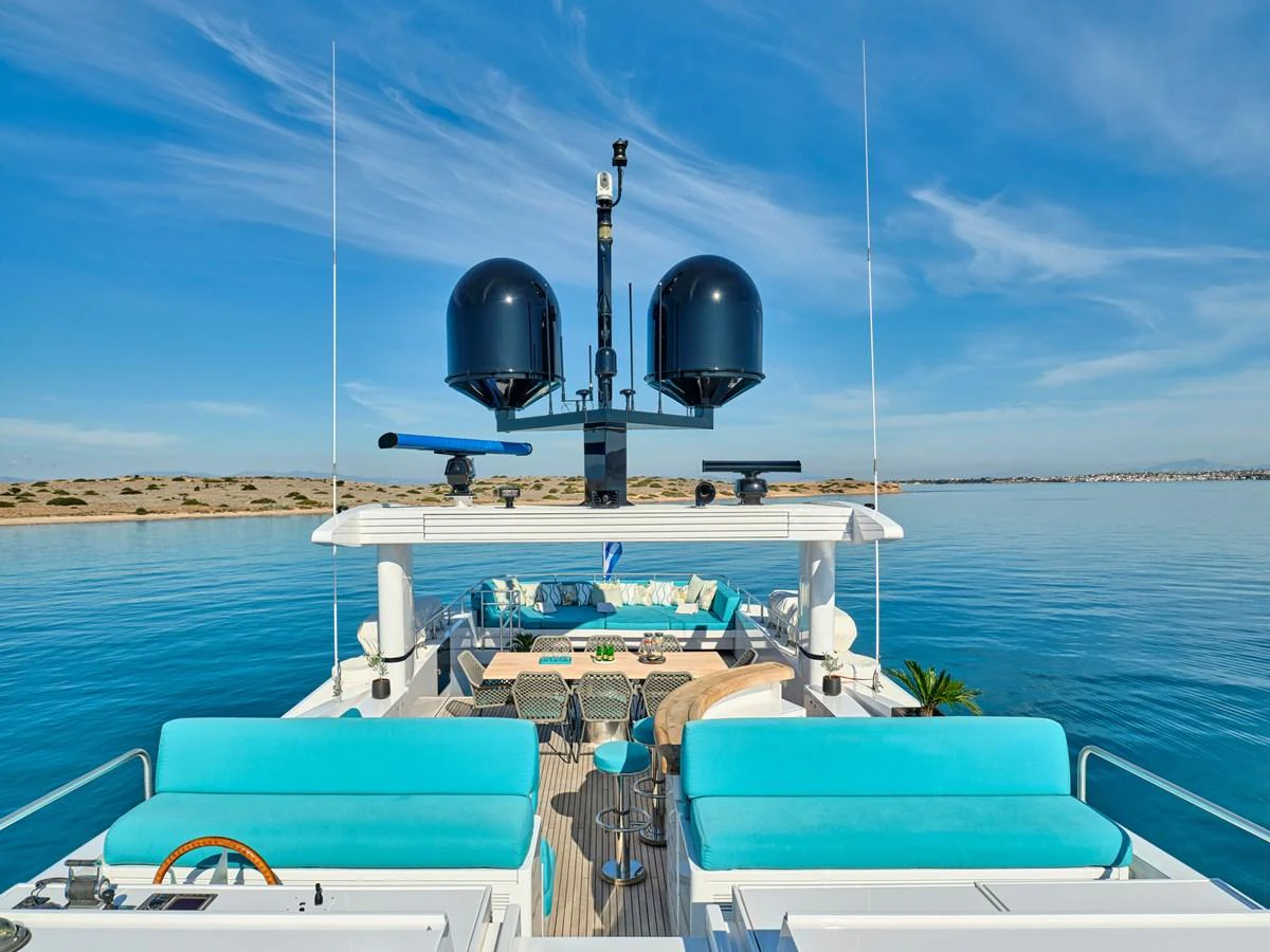 The flybridge offers a luxurious outdoor space with ample seating and stunning views of the water. aboard VENETICO Yacht for Sale
