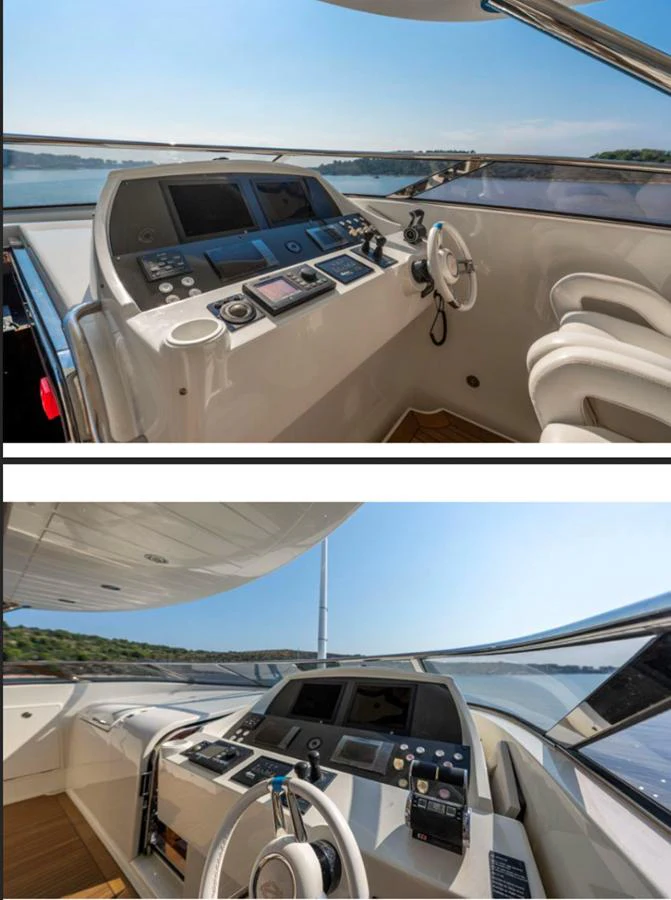 The helm station offers a sleek and modern control area with advanced navigation equipment. aboard ARAGO Yacht for Sale