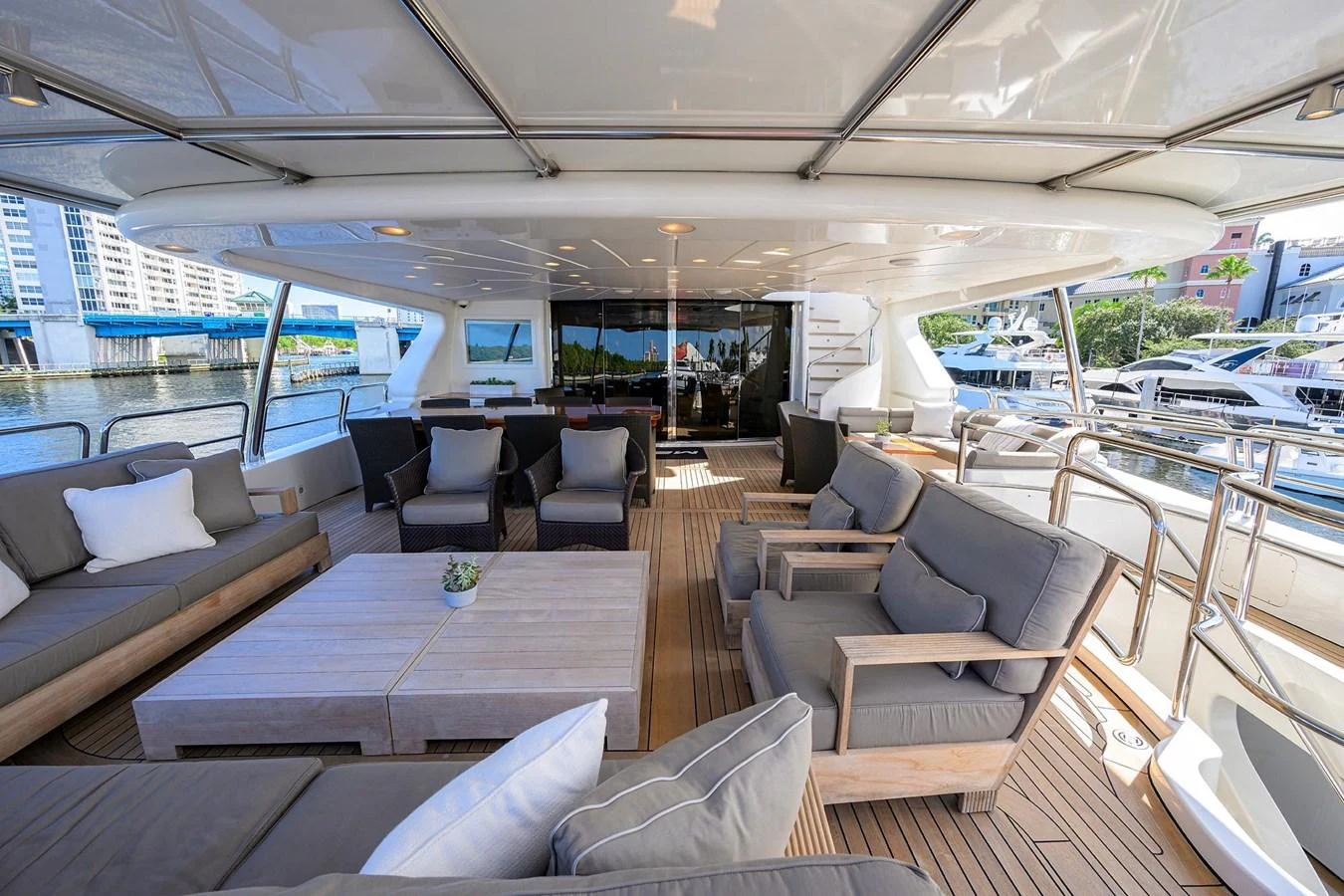 The spacious aft deck offers luxurious seating and a perfect view of the marina. aboard BENETTI CLASSIC Yacht for Sale
