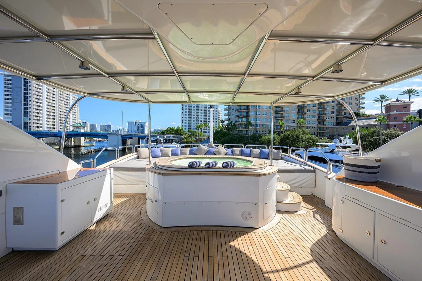 The sundeck features a luxurious hot tub surrounded by comfortable seating and a spacious layout. aboard BENETTI CLASSIC Yacht for Sale