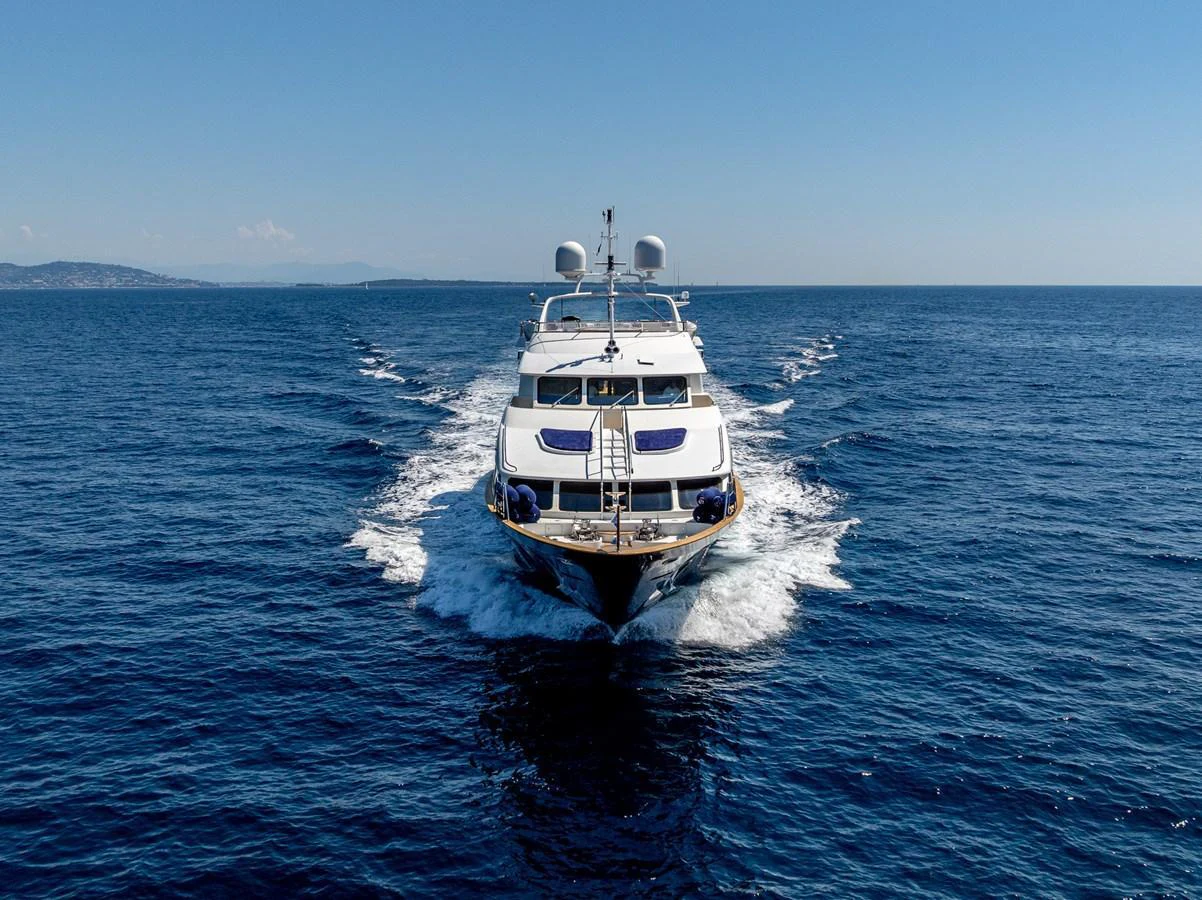 A luxurious yacht cruises through the open sea, showcasing its sleek design and powerful performance. aboard SEA BLUEZ Yacht for Sale