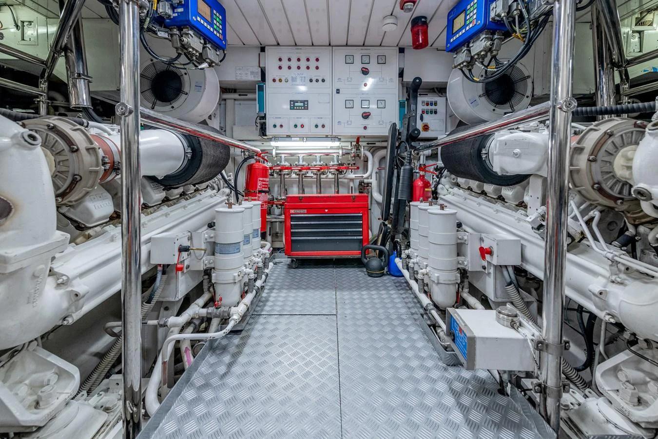 The yacht's engine room is equipped with advanced machinery and control panels, ensuring optimal performance and safety. aboard SEA BLUEZ Yacht for Sale