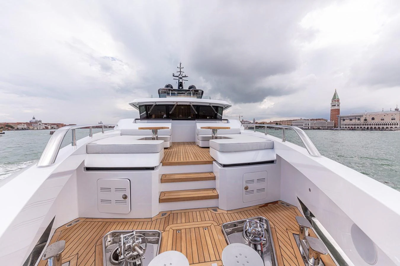 The yacht's foredeck offers a spacious and inviting area with ample seating and a beautiful view of the surrounding waters. aboard DUCALE 120 Yacht for Sale