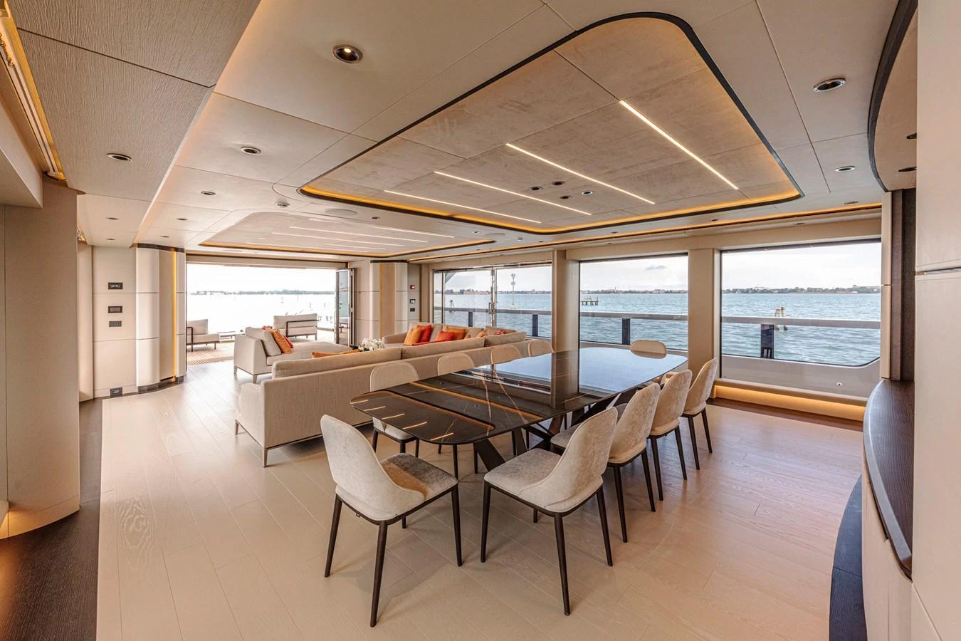 The spacious salon offers panoramic views and elegant seating arrangements. aboard DUCALE 120 Yacht for Sale