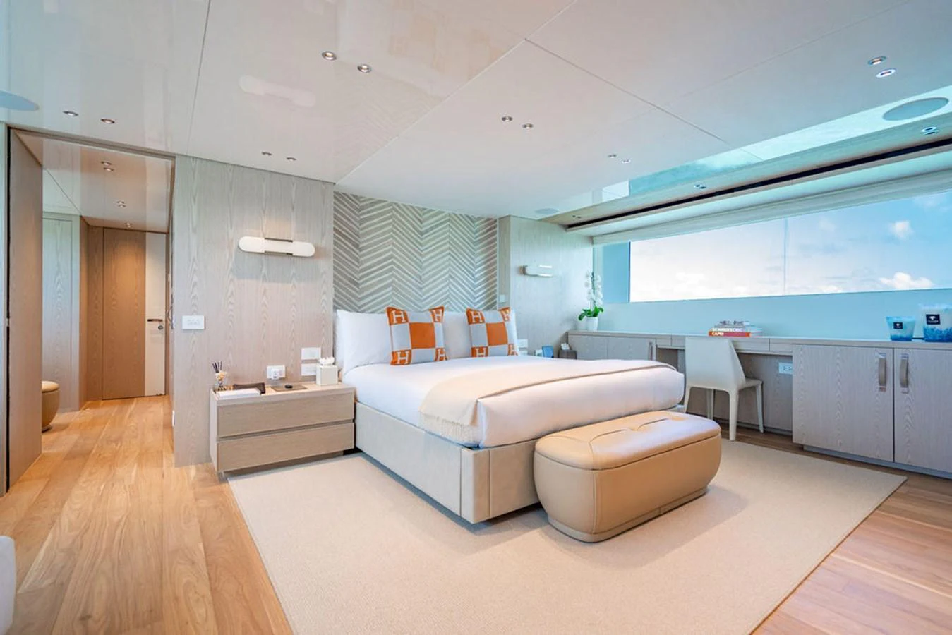 The master stateroom offers a spacious and serene retreat with modern furnishings and ample natural light. aboard SANLORENZO SD118/129 Yacht for Sale