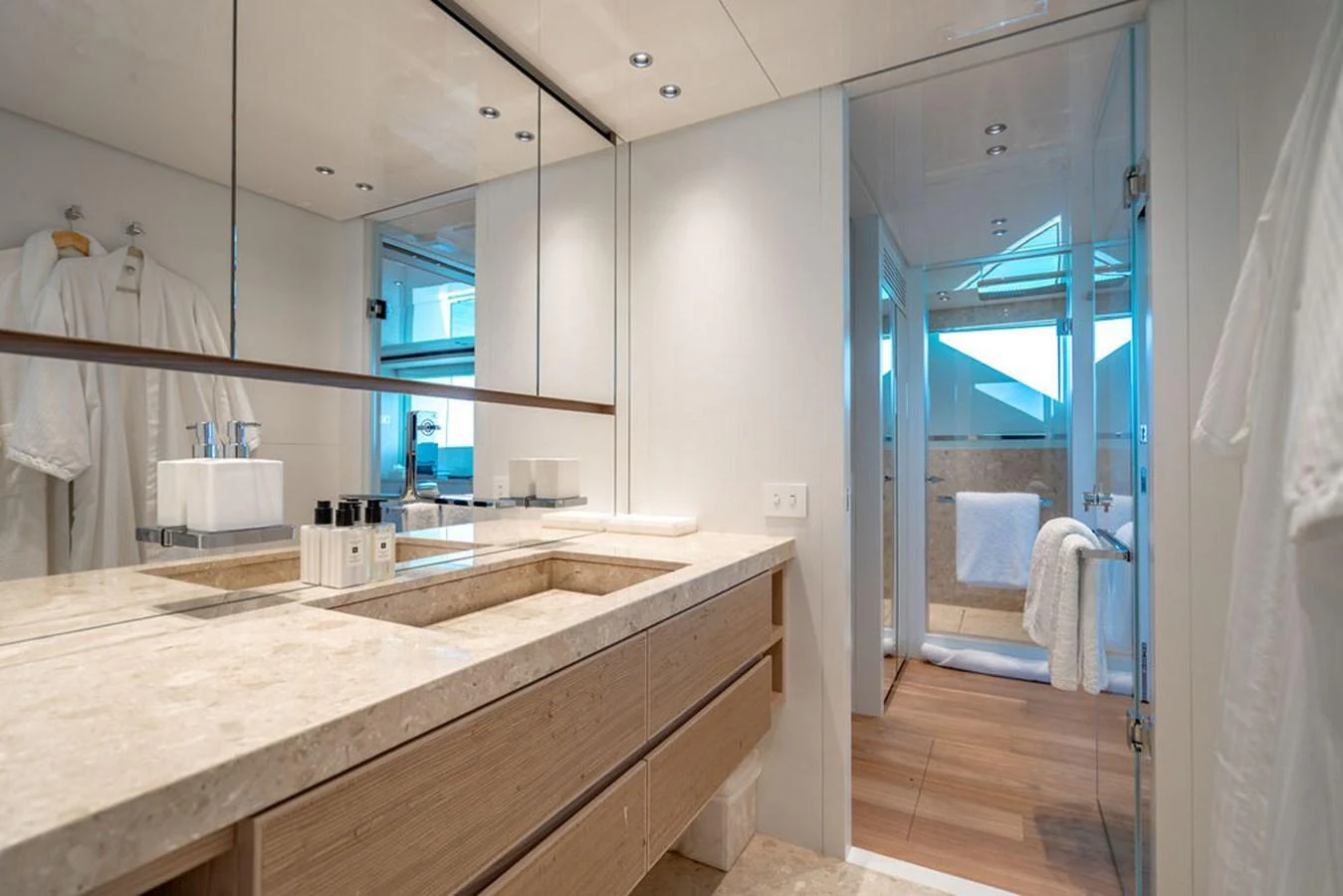 The yacht's bathroom features a luxurious and modern design with ample natural light. aboard SANLORENZO SD118/129 Yacht for Sale