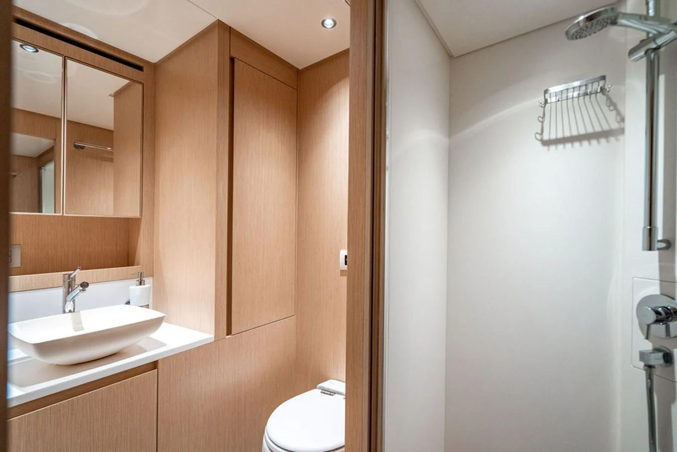 The yacht's bathroom features modern fixtures and a sleek, minimalist design. aboard SANLORENZO SD118/129 Yacht for Sale